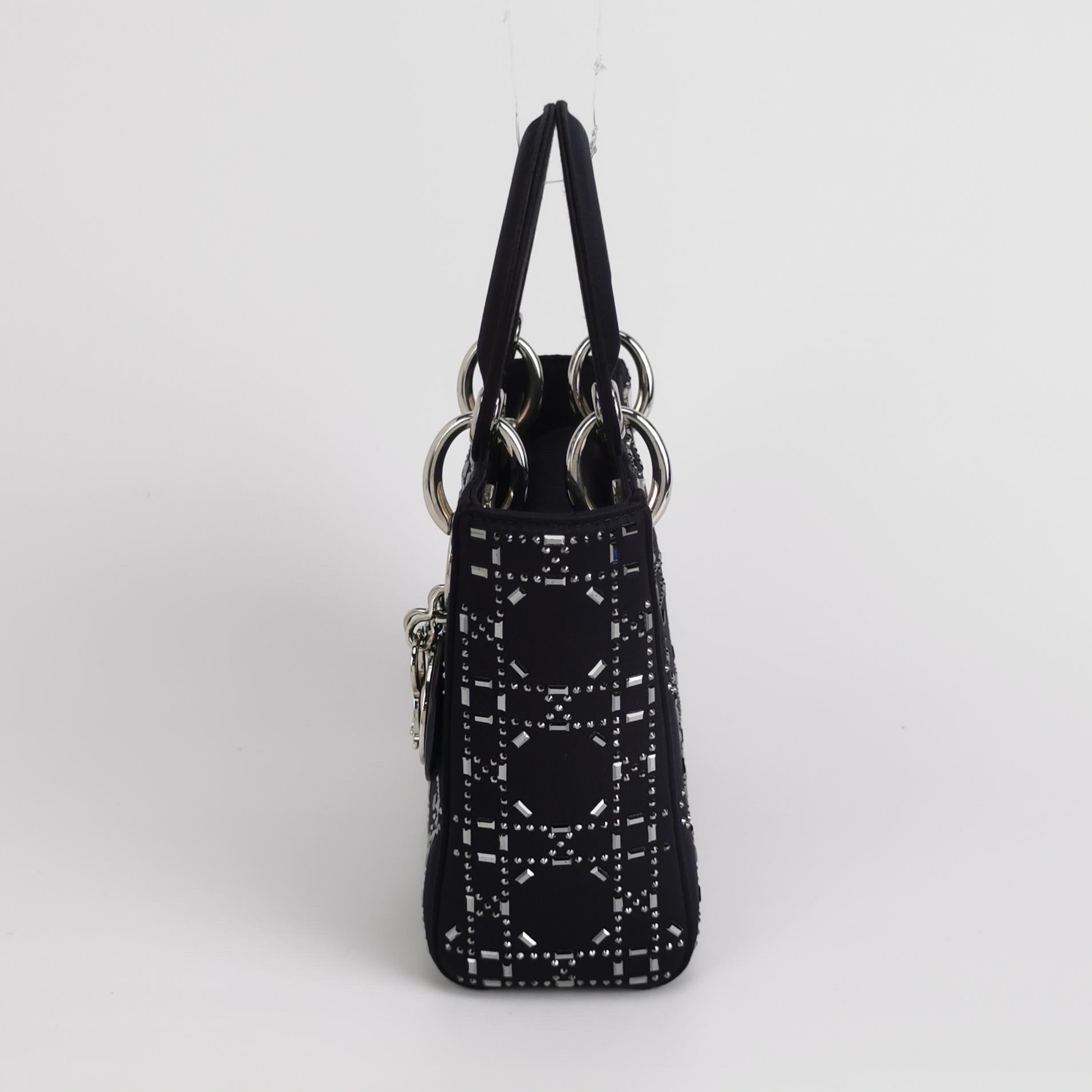 Lady Dior Mini Black Silk with Crystals Silver Hardware In Excellent Condition For Sale In AUBERVILLIERS, FR