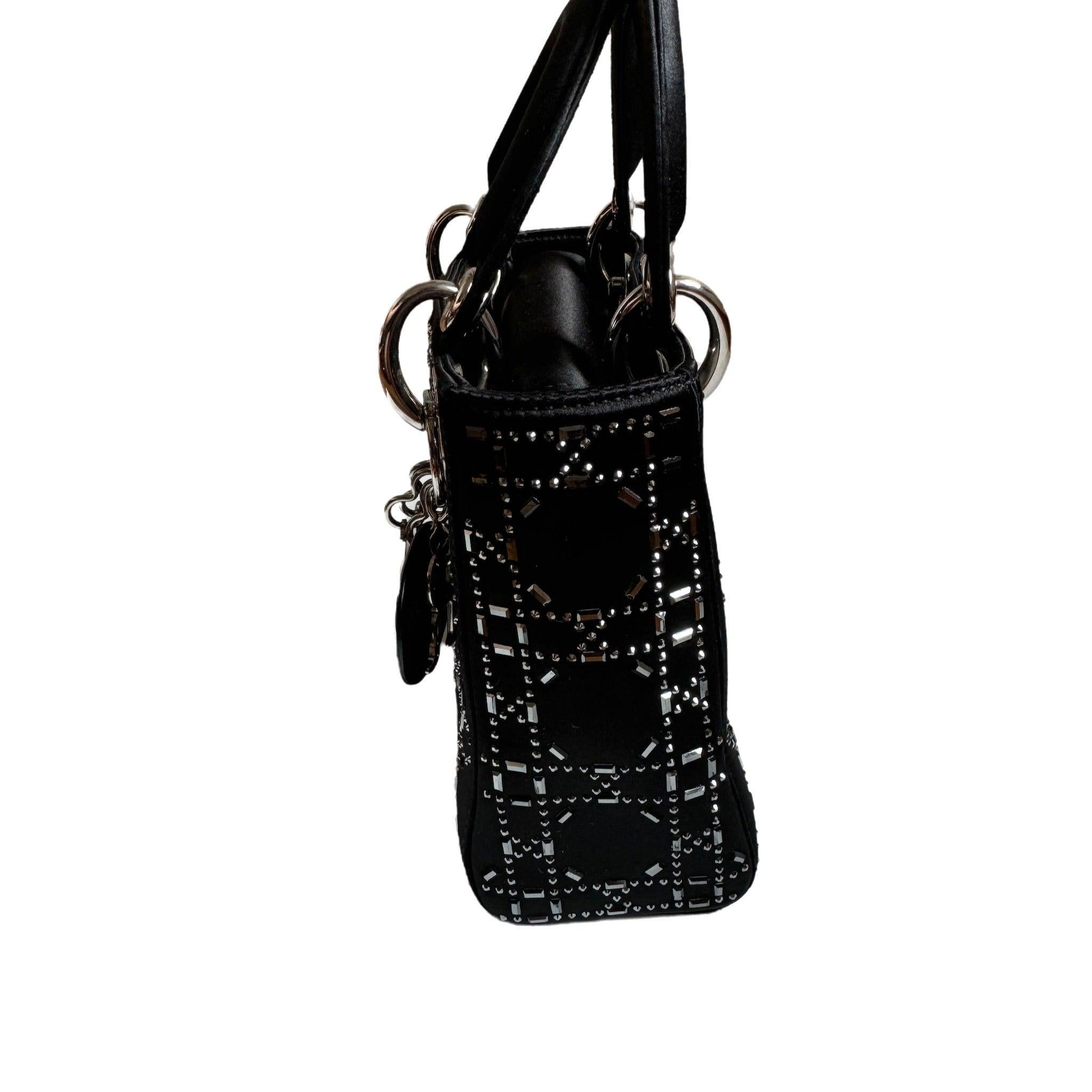 Women's Lady Dior Mini Black Silk with Crystals Silver Hardware