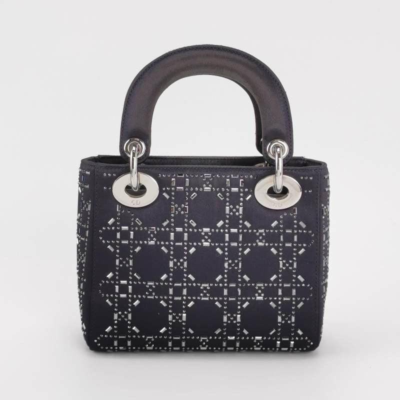 Women's Lady Dior Mini Black Silk with Crystals Silver Hardware For Sale