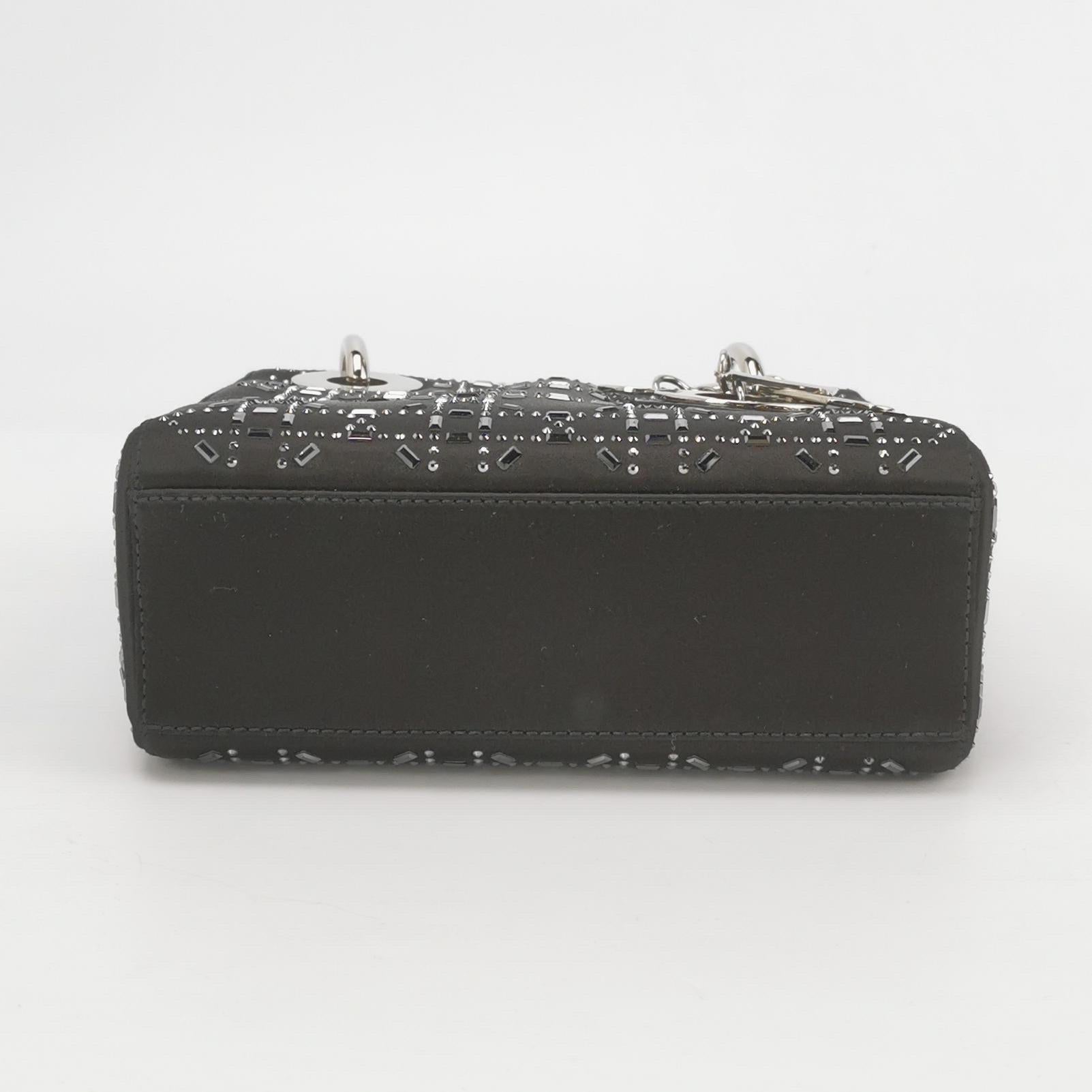 Women's Lady Dior Mini Black Silk with Crystals Silver Hardware