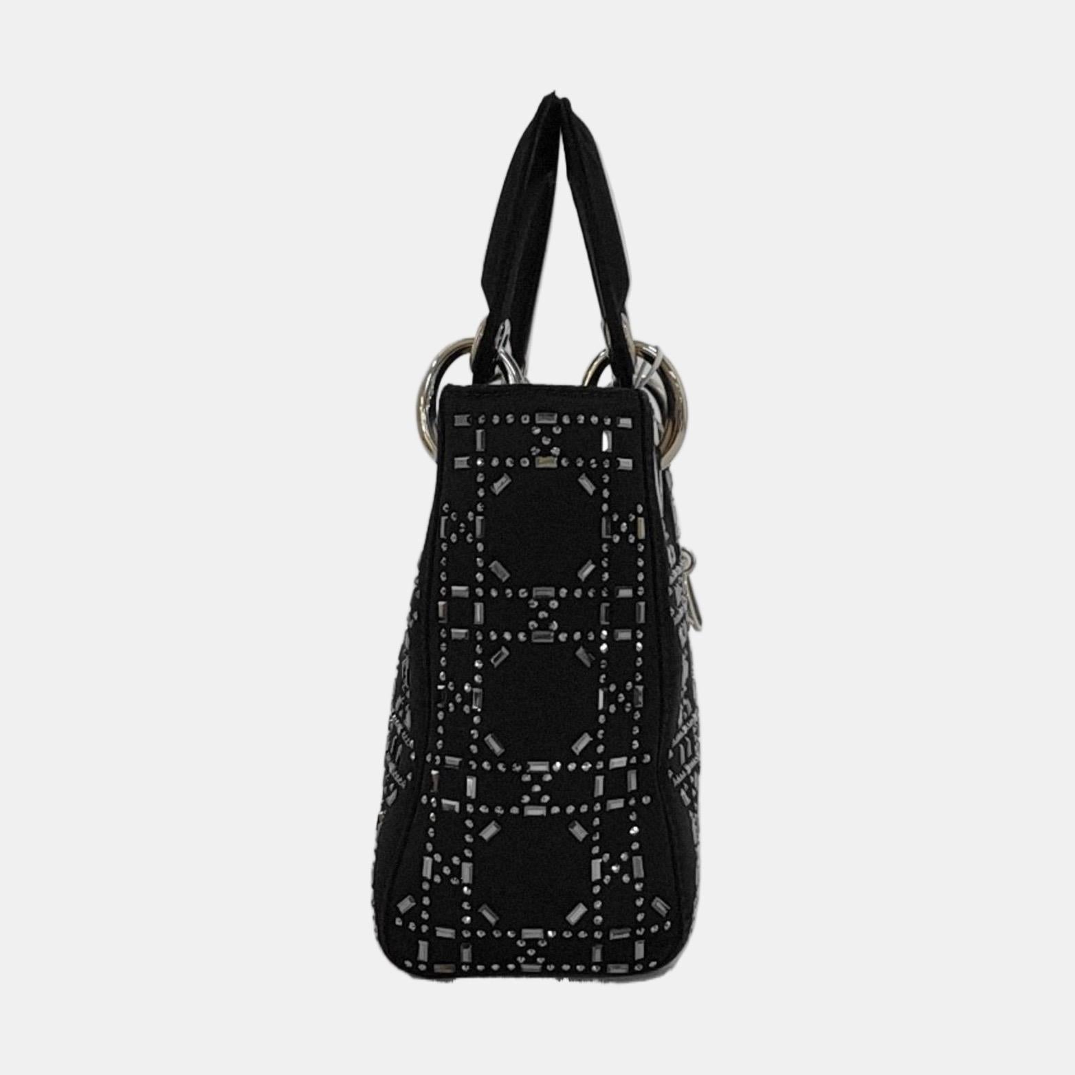 Women's Lady Dior Mini Black Silk with Crystals Silver Hardware For Sale