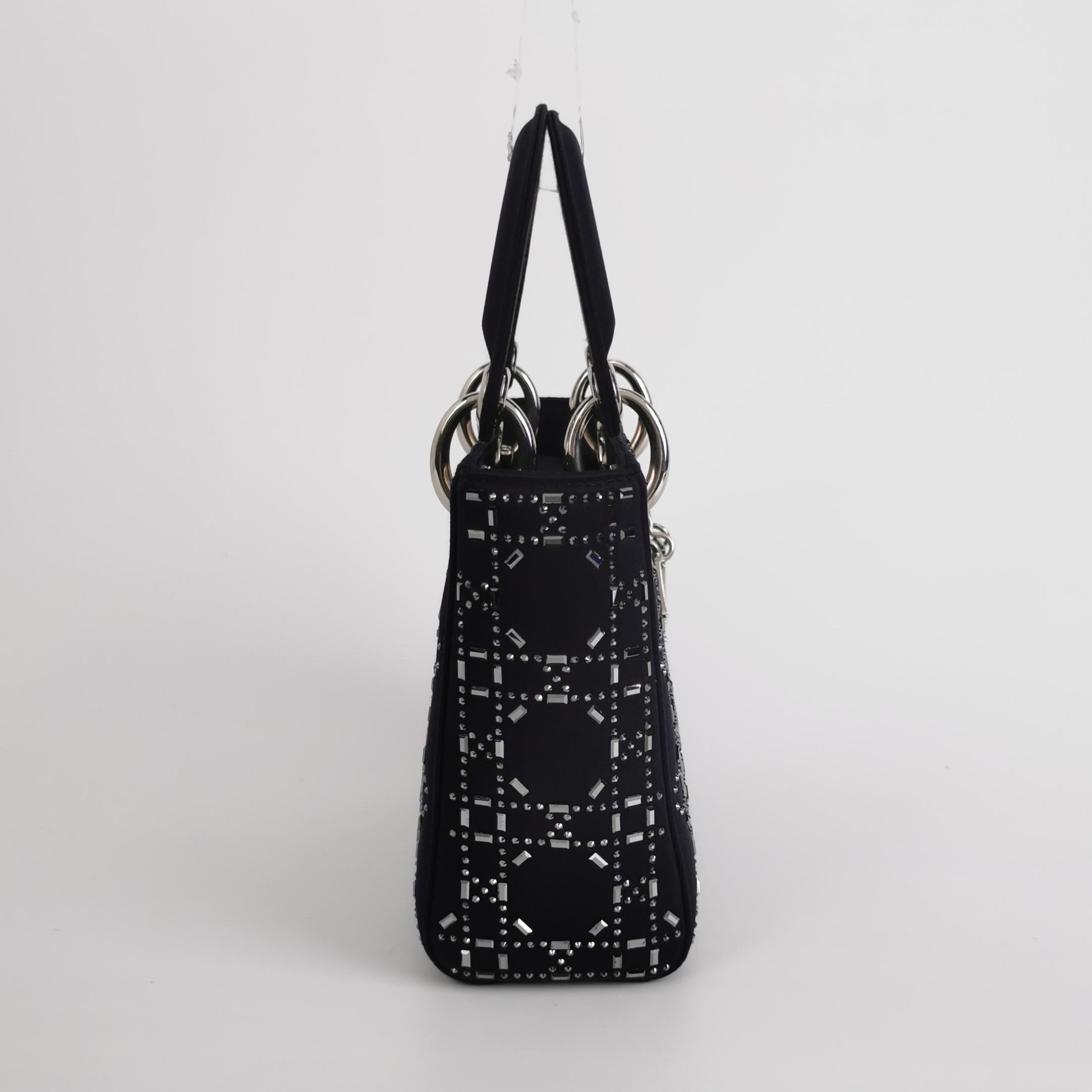 Women's Lady Dior Mini Black Silk with Crystals Silver Hardware For Sale