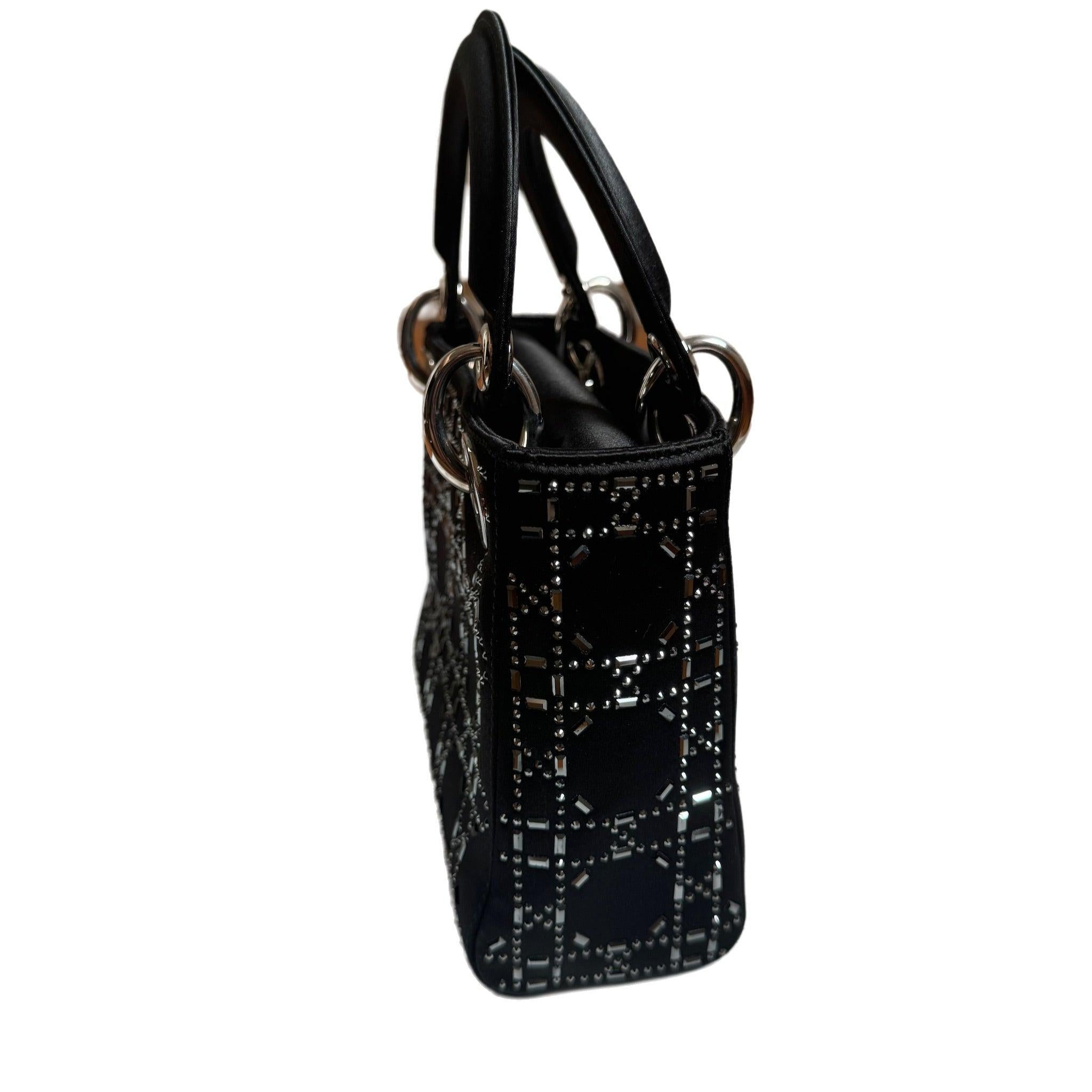 Lady Dior Mini Black Silk with Crystals Silver Hardware 1