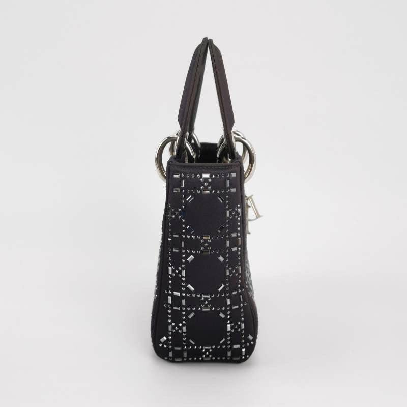 Lady Dior Mini Black Silk with Crystals Silver Hardware For Sale 1