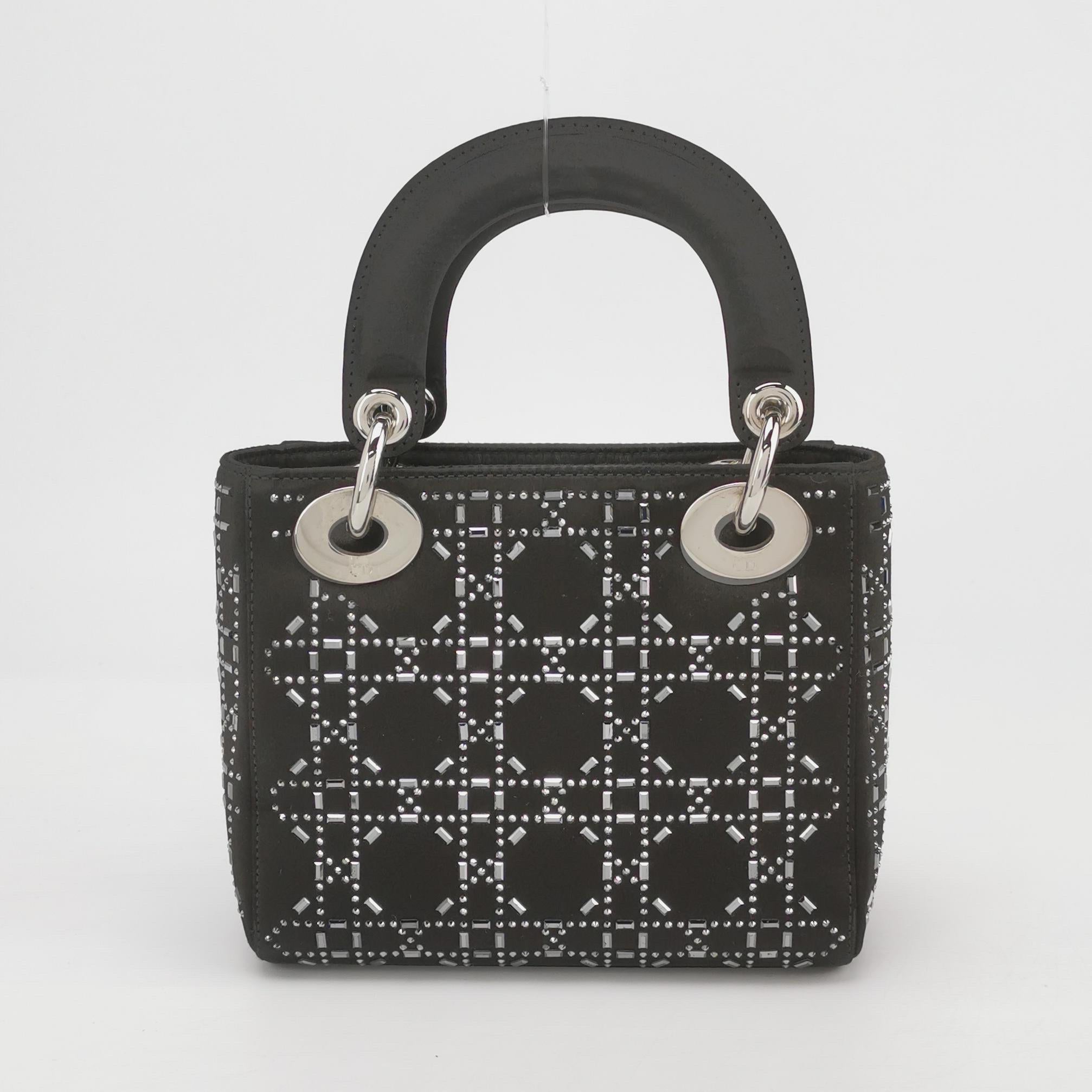 Lady Dior Mini Black Silk with Crystals Silver Hardware 1