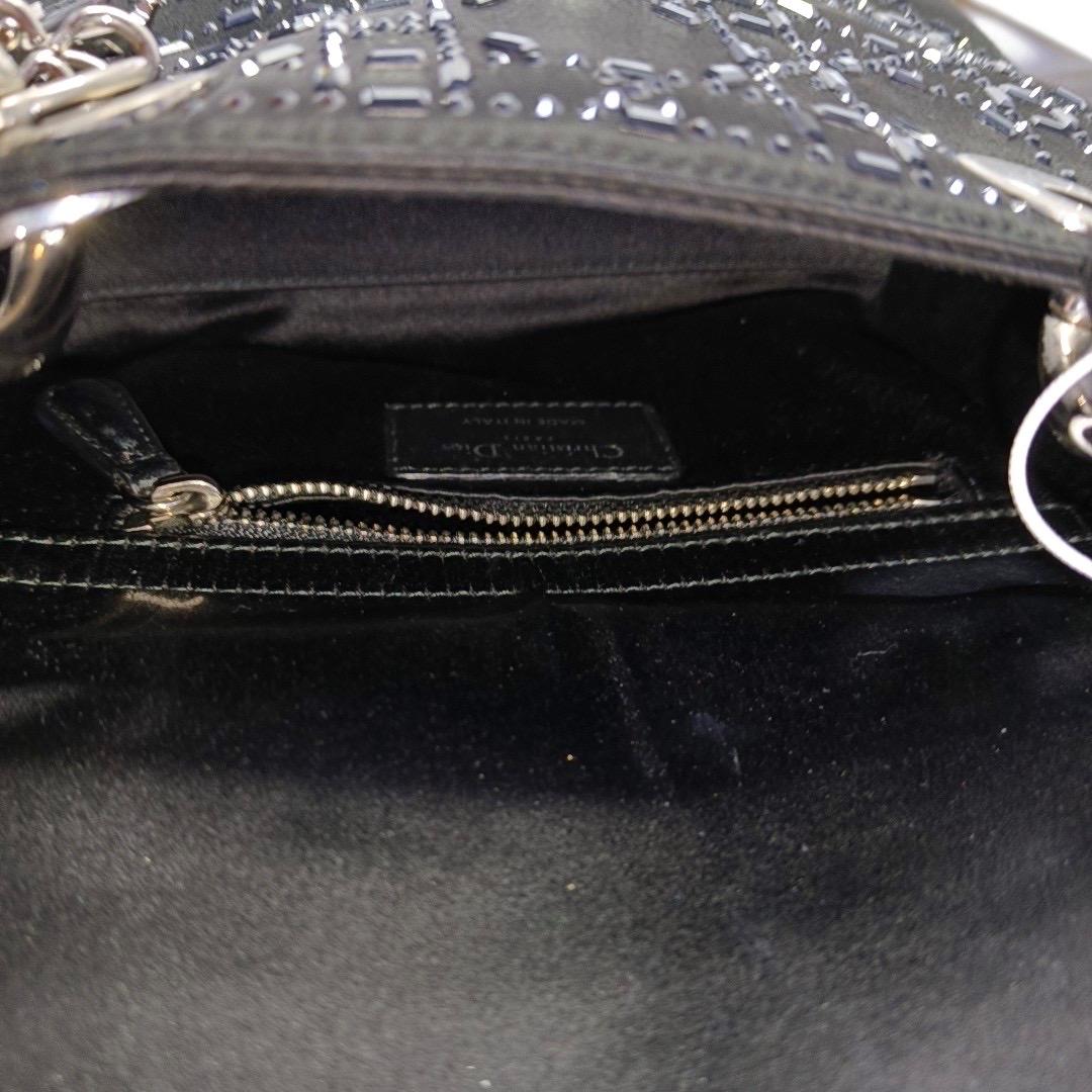 Lady Dior Mini Black Silk with Crystals Silver Hardware For Sale 1