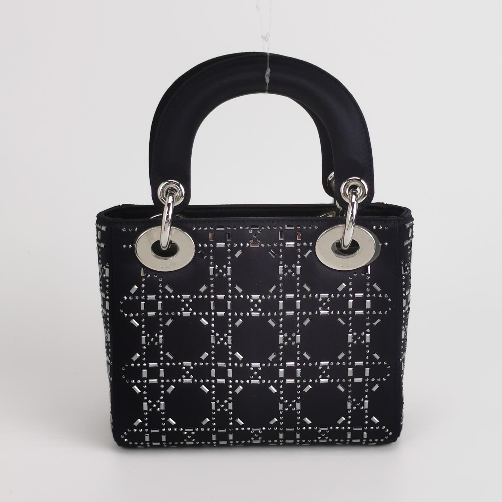 Lady Dior Mini Black Silk with Crystals Silver Hardware For Sale 1