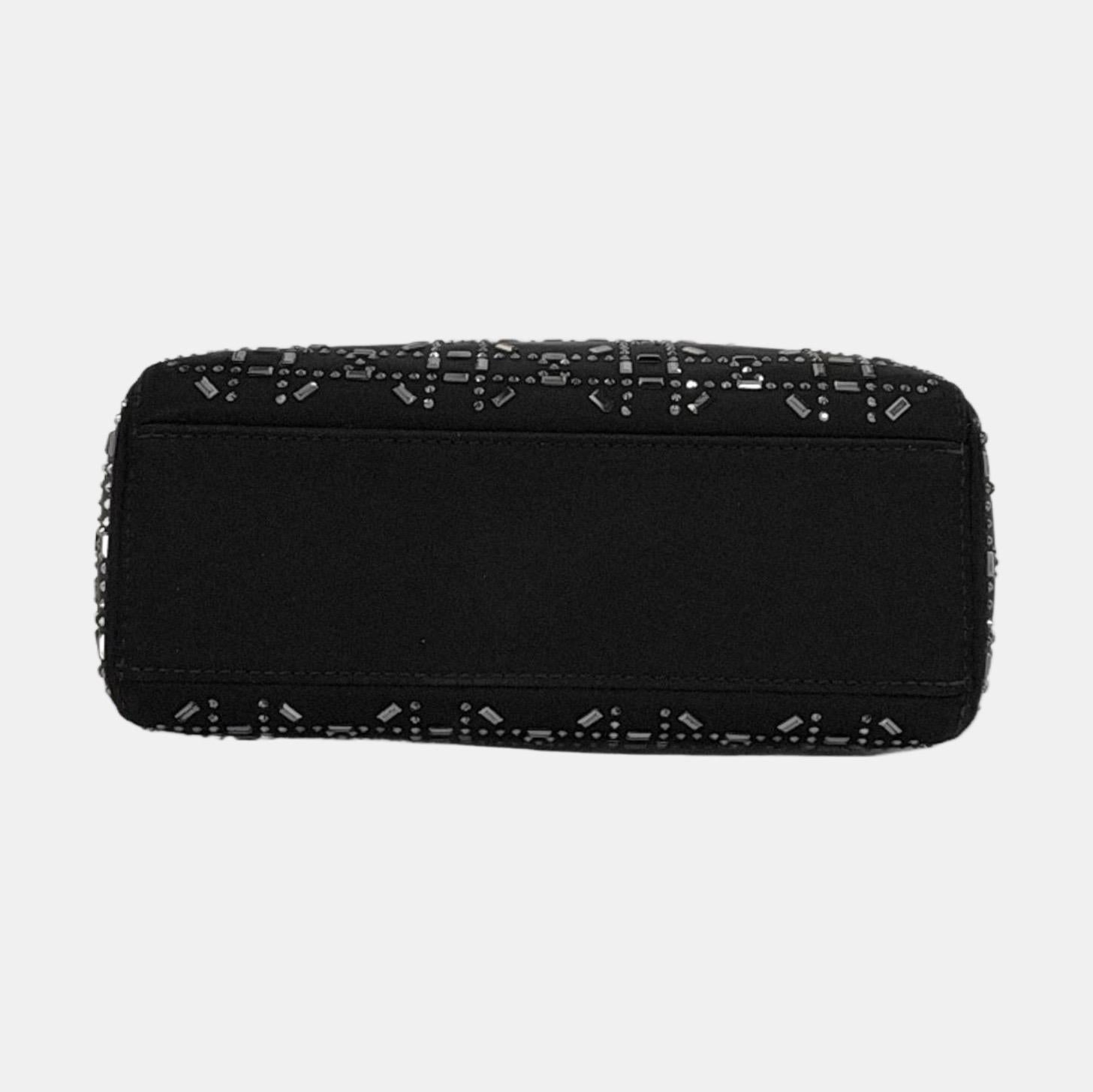 Lady Dior Mini Black Silk with Crystals Silver Hardware For Sale 2