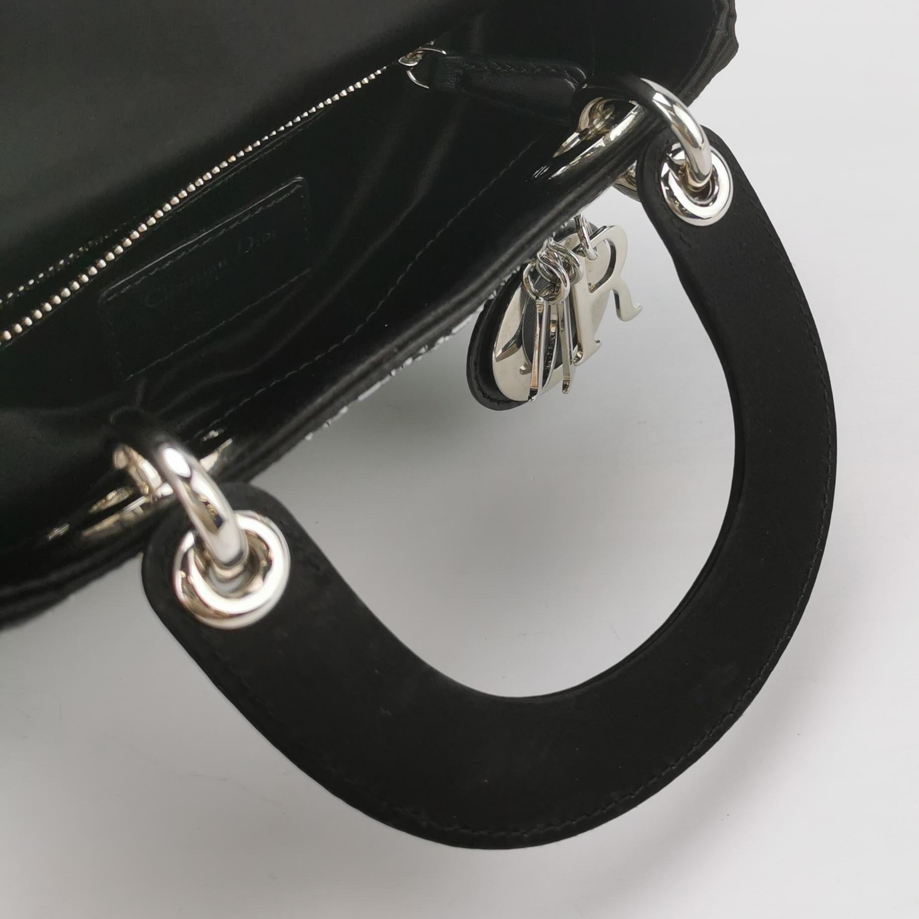 Lady Dior Mini Black Silk with Crystals Silver Hardware 3