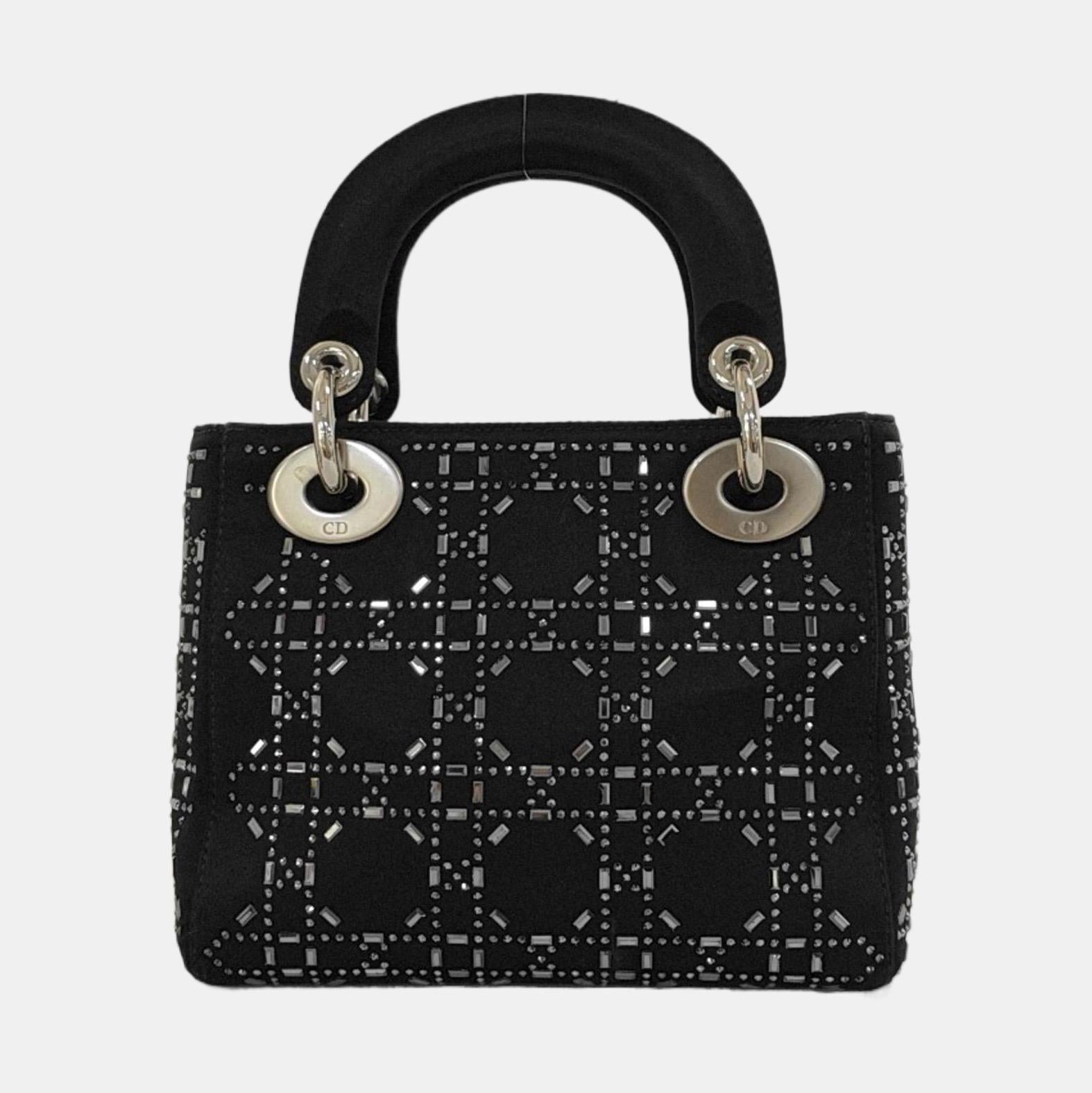 Lady Dior Mini Black Silk with Crystals Silver Hardware For Sale 3