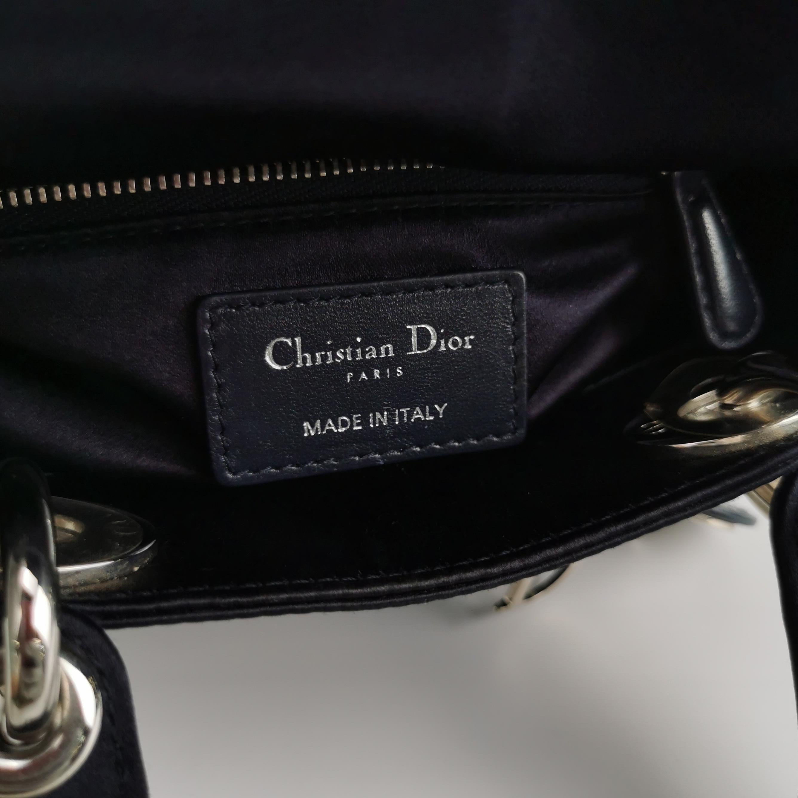 Lady Dior Mini Black Silk with Crystals Silver Hardware For Sale 3