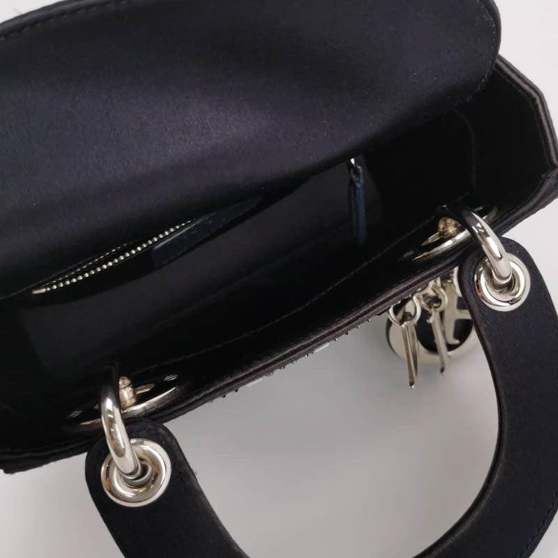 Lady Dior Mini Black Silk with Crystals Silver Hardware For Sale 4