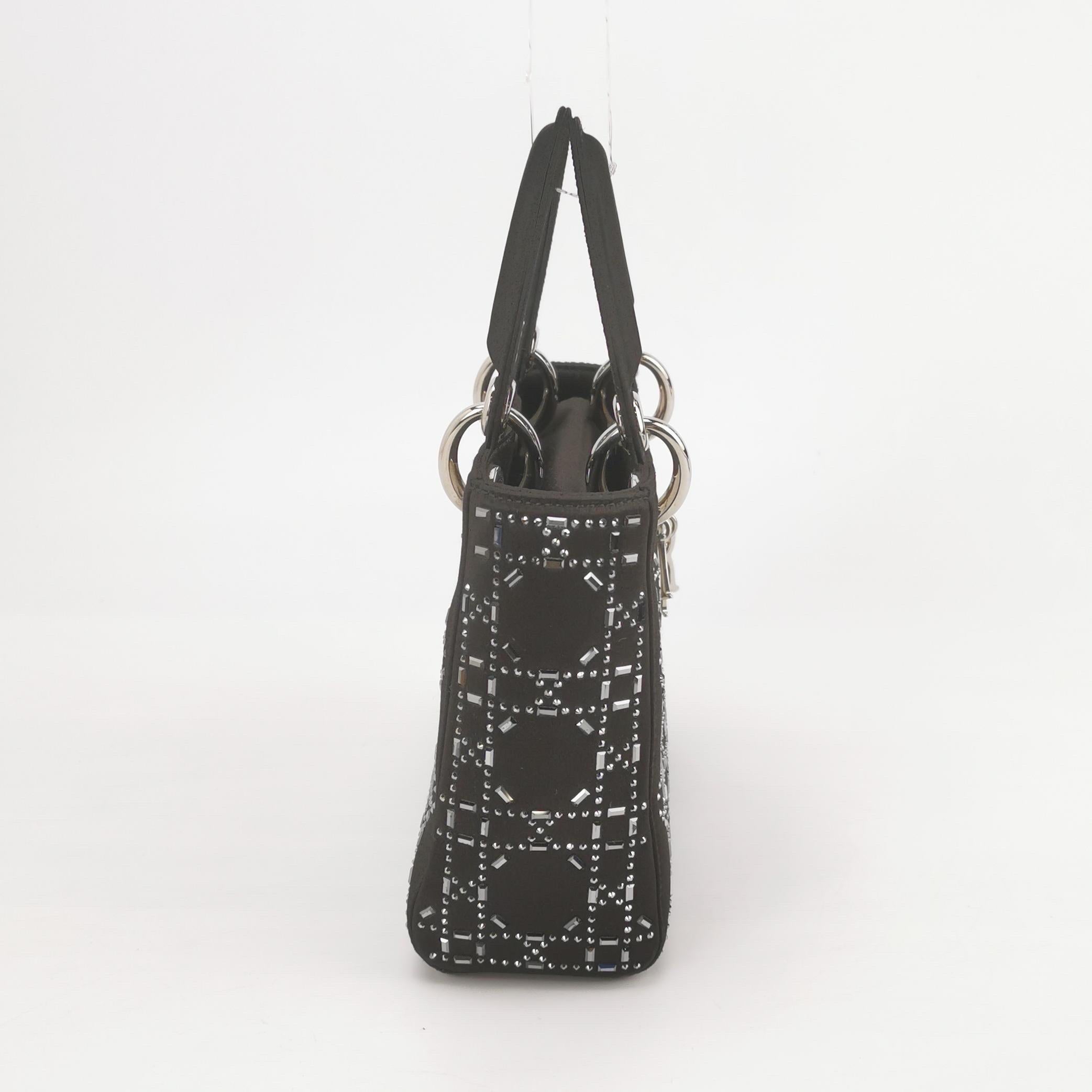 Lady Dior Mini Black Silk with Crystals Silver Hardware 4