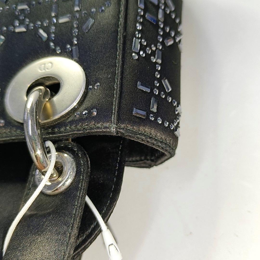 Lady Dior Mini Black Silk with Crystals Silver Hardware For Sale 4