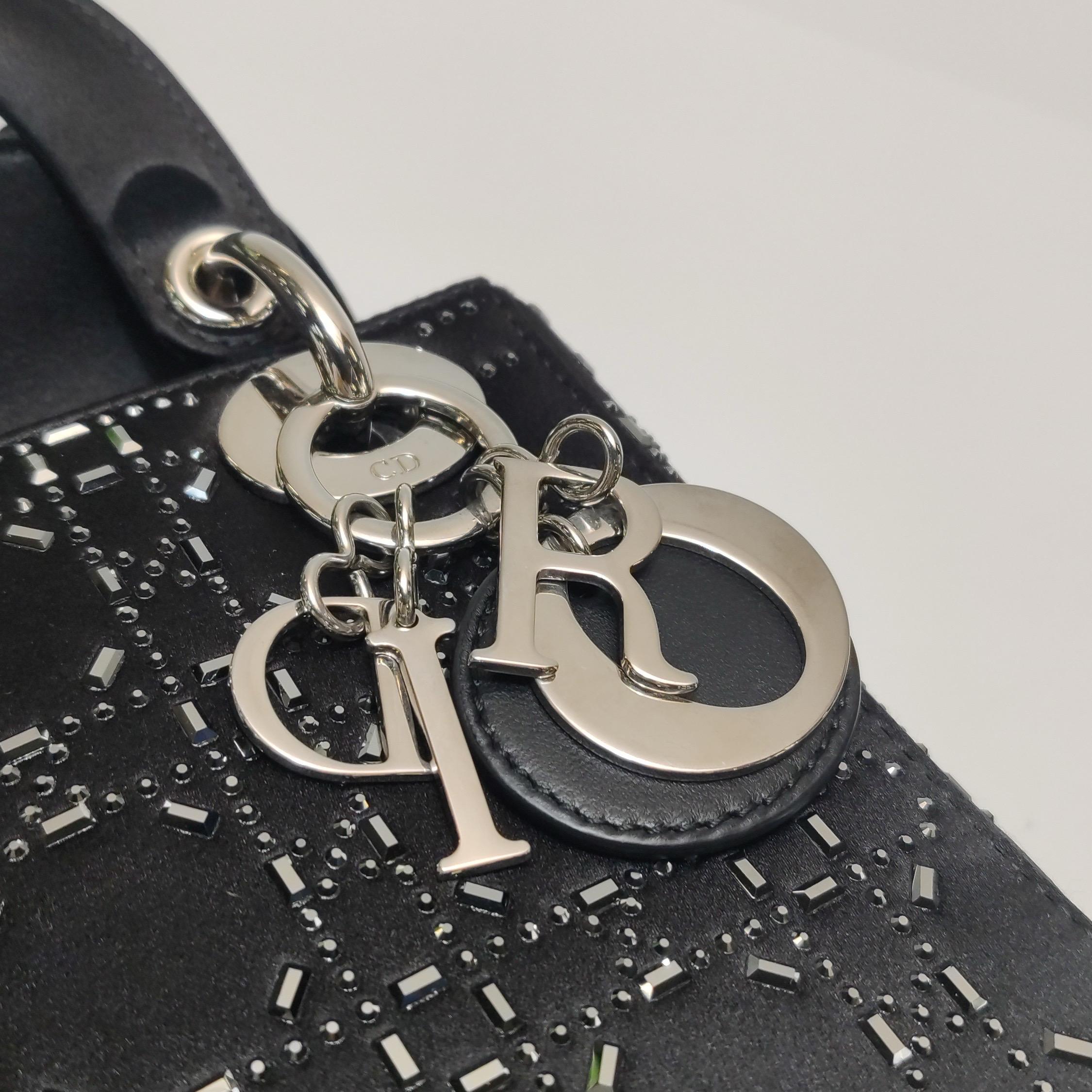 Lady Dior Mini in seta nera con cristalli e hardware in argento in vendita 3
