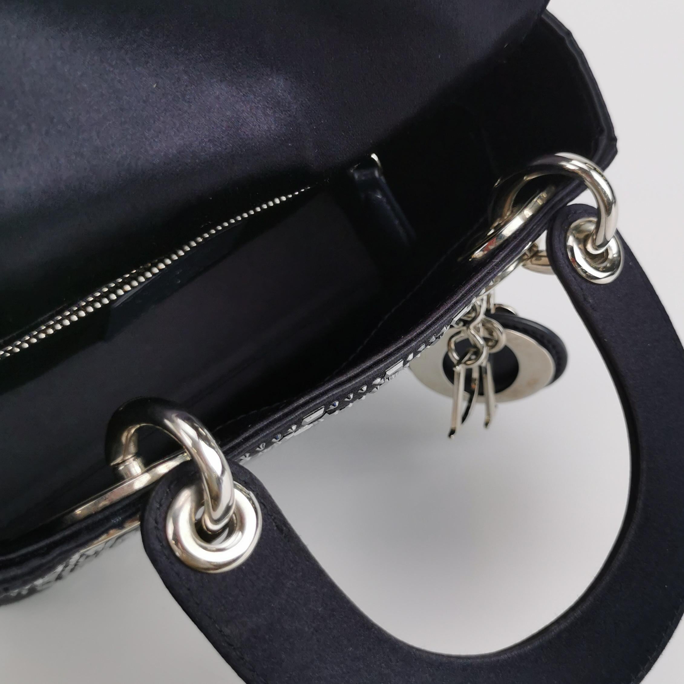 Lady Dior Mini Black Silk with Crystals Silver Hardware For Sale 4