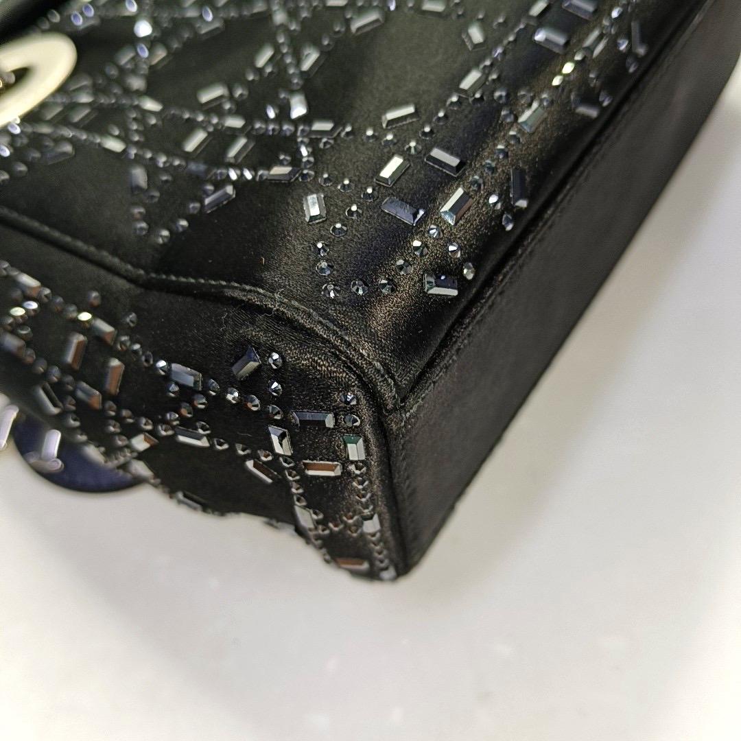 Lady Dior Mini Black Silk with Crystals Silver Hardware For Sale 5