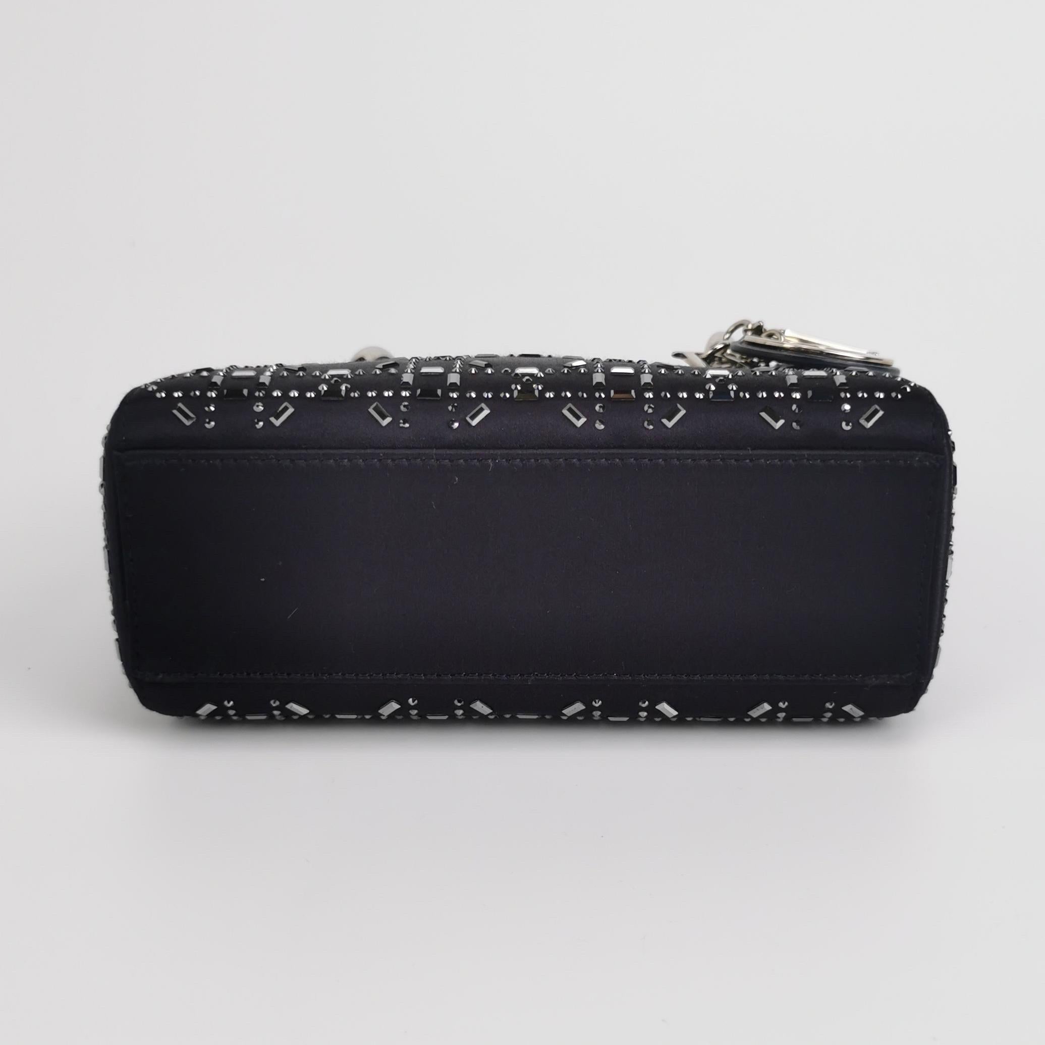 Lady Dior Mini Black Silk with Crystals Silver Hardware For Sale 5