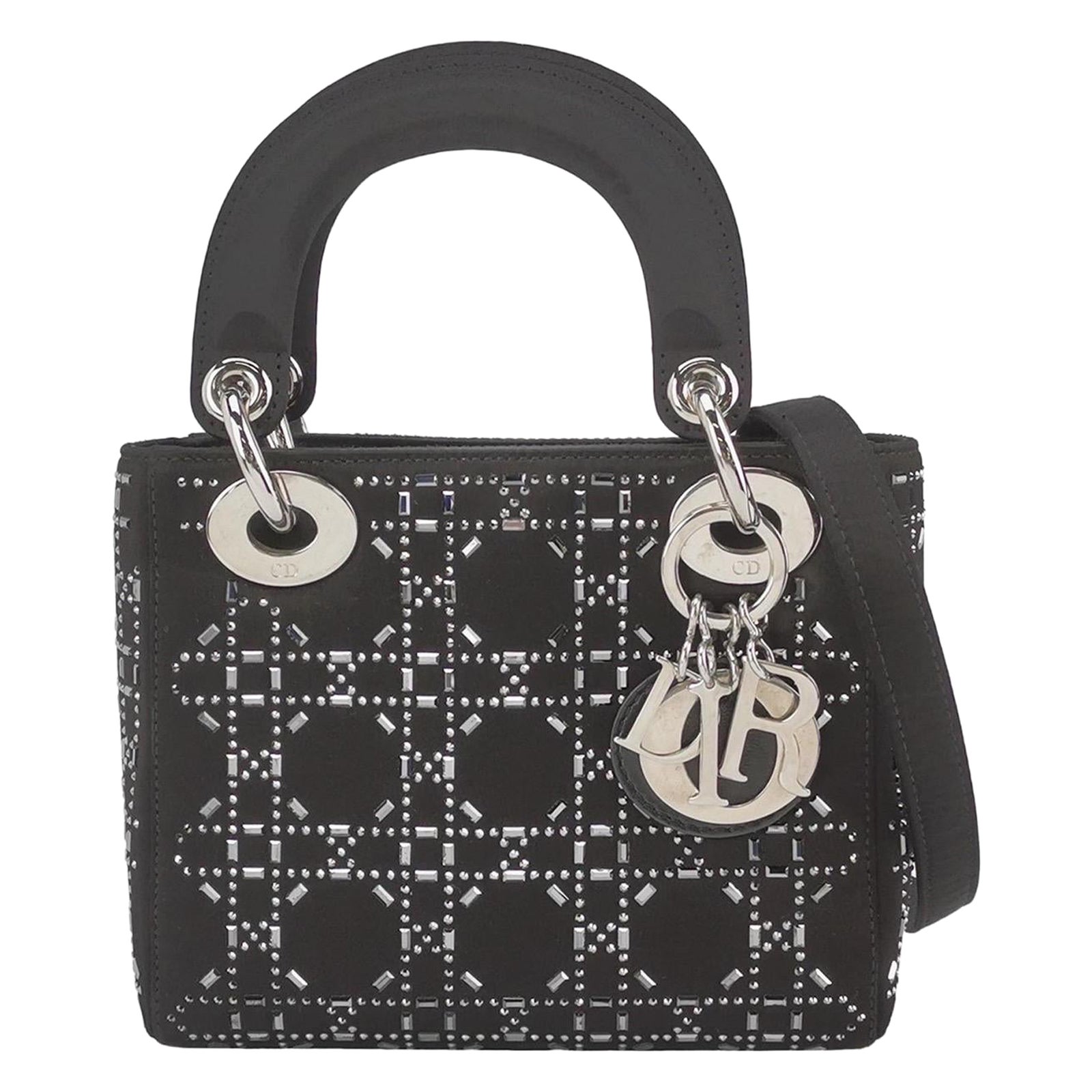Lady Dior Mini Black Silk with Crystals Silver Hardware
