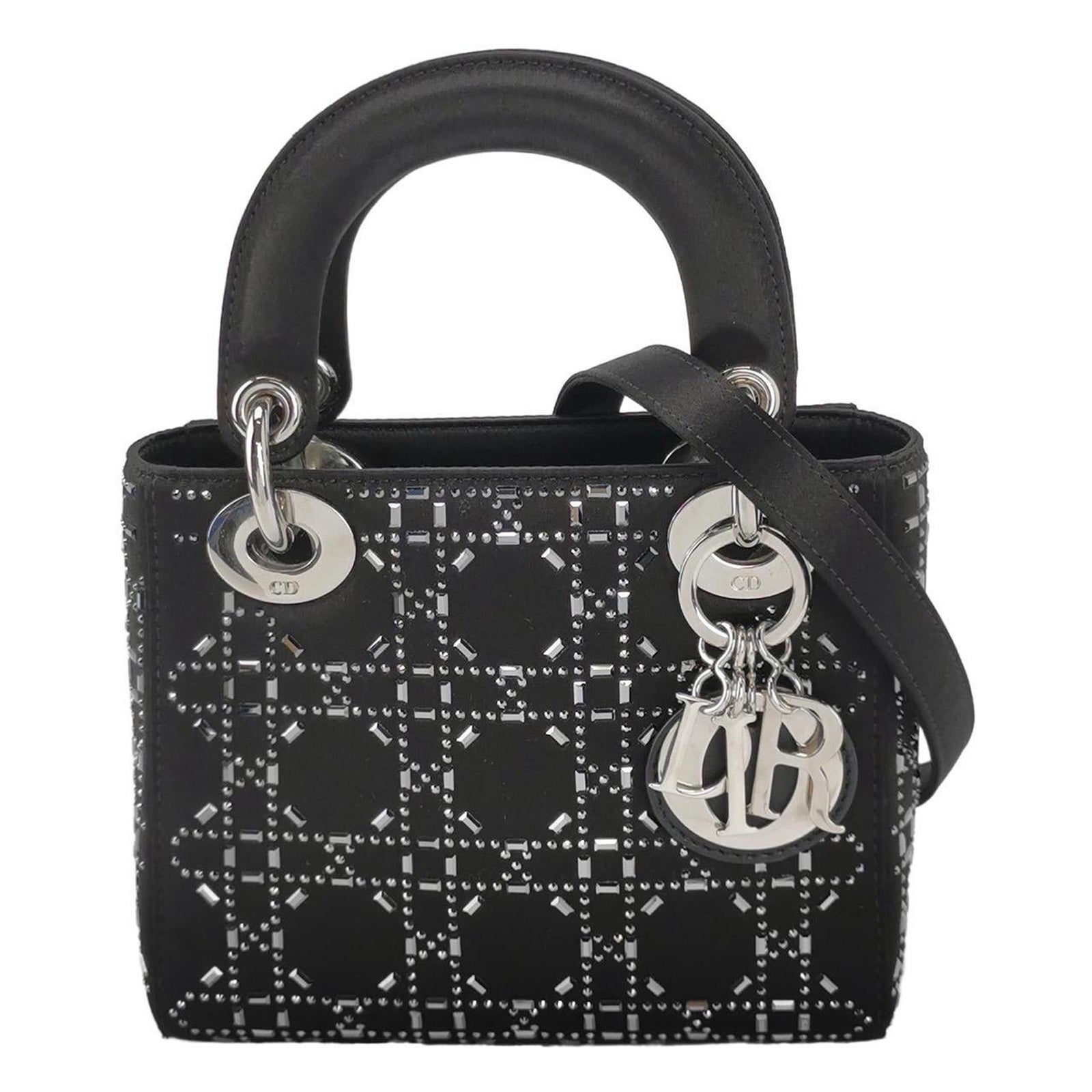 Lady Dior Mini Black Silk with Crystals Silver Hardware