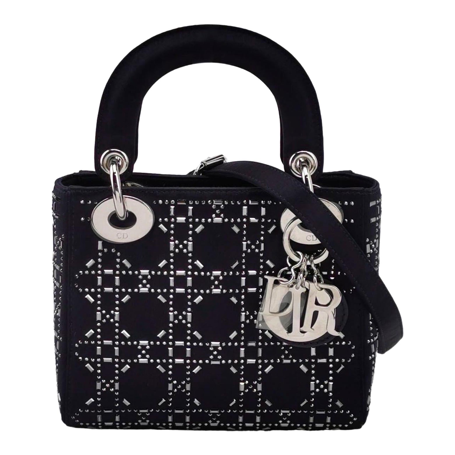 Lady Dior Mini Schwarze Seide mit Kristallen Silberne Hardware im Angebot