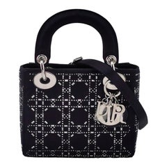 Lady Dior Mini Schwarze Seide mit Kristallen Silberne Hardware