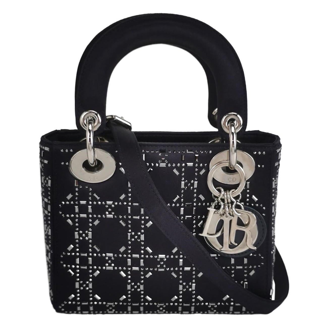 Lady Dior Mini Black Silk with Crystals Silver Hardware For Sale
