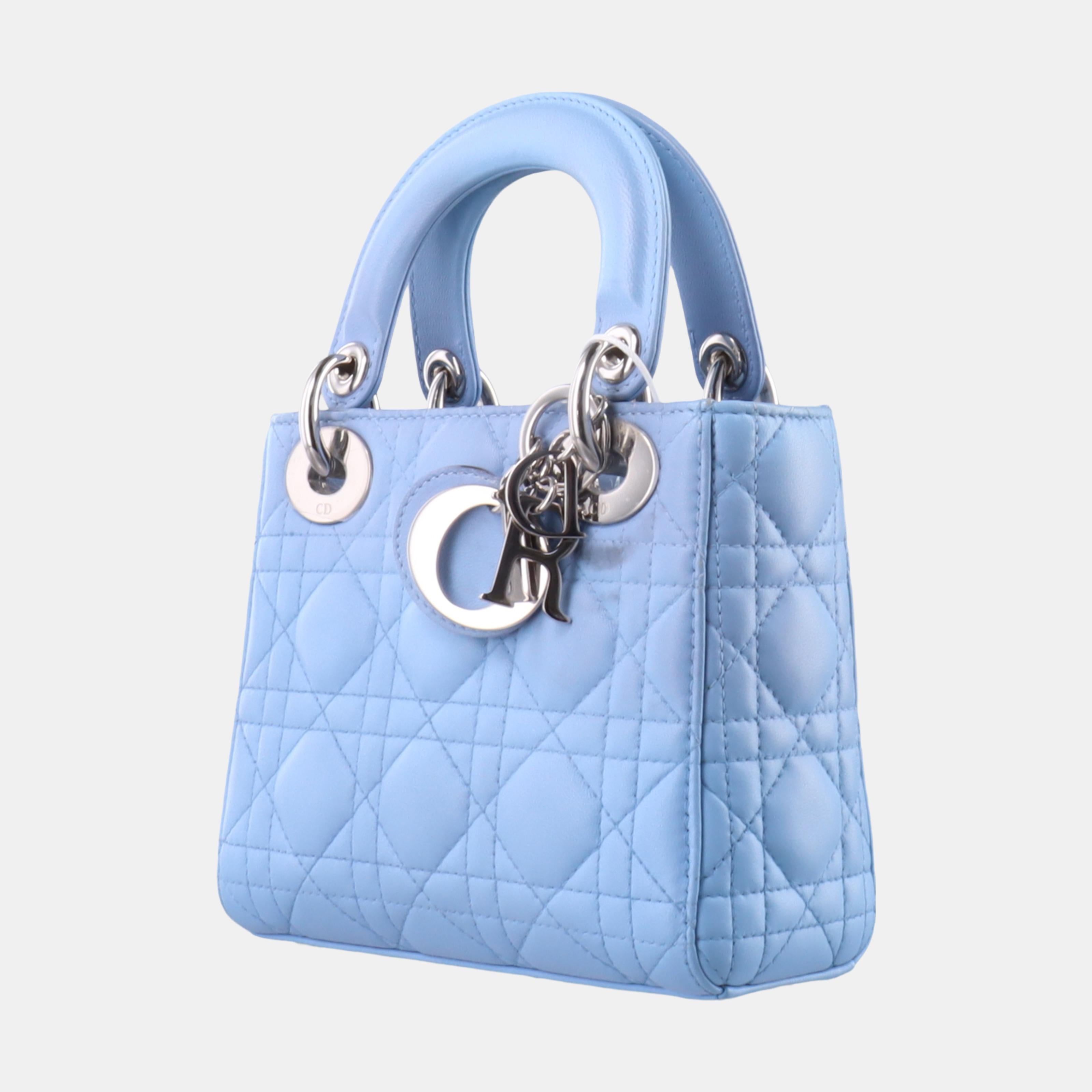 Lady Dior Mini Blue Cannage Lambskin Silver Hardware Crossbody Handbag In Good Condition In AUBERVILLIERS, FR