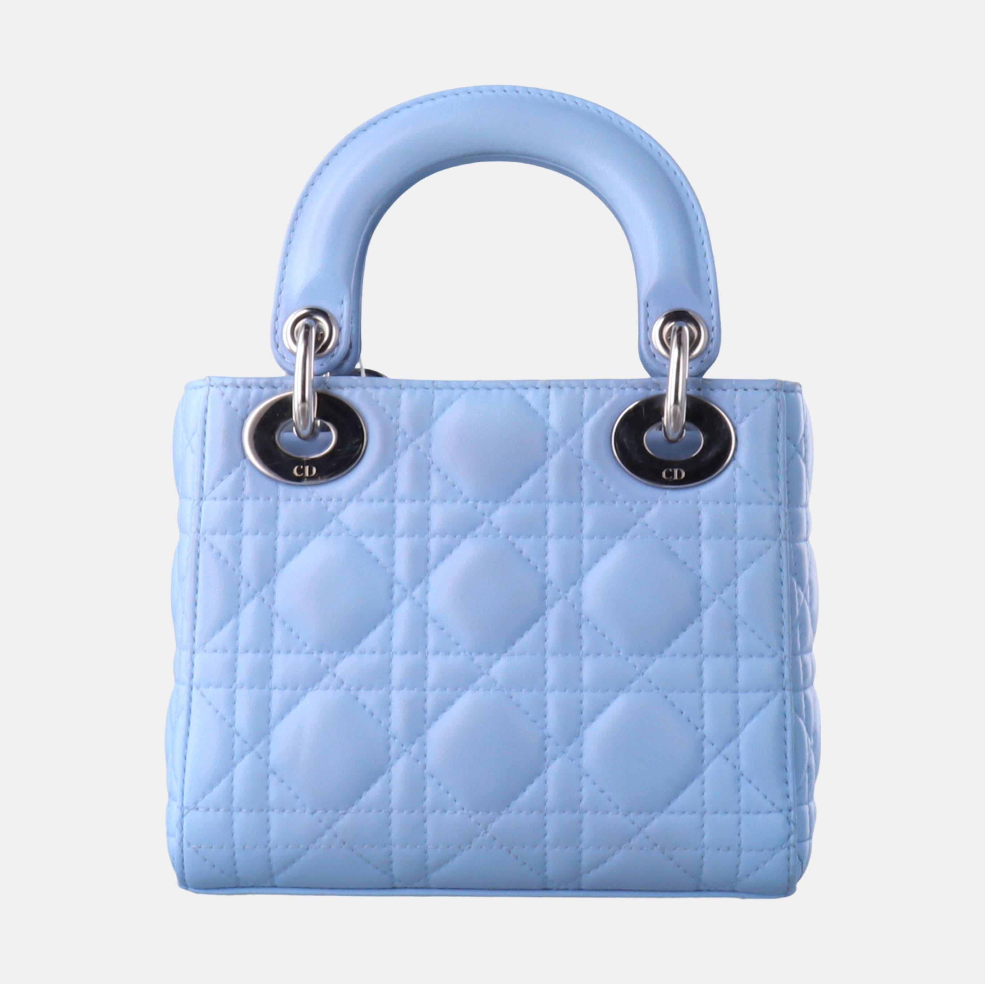 Women's Lady Dior Mini Blue Cannage Lambskin Silver Hardware Crossbody Handbag