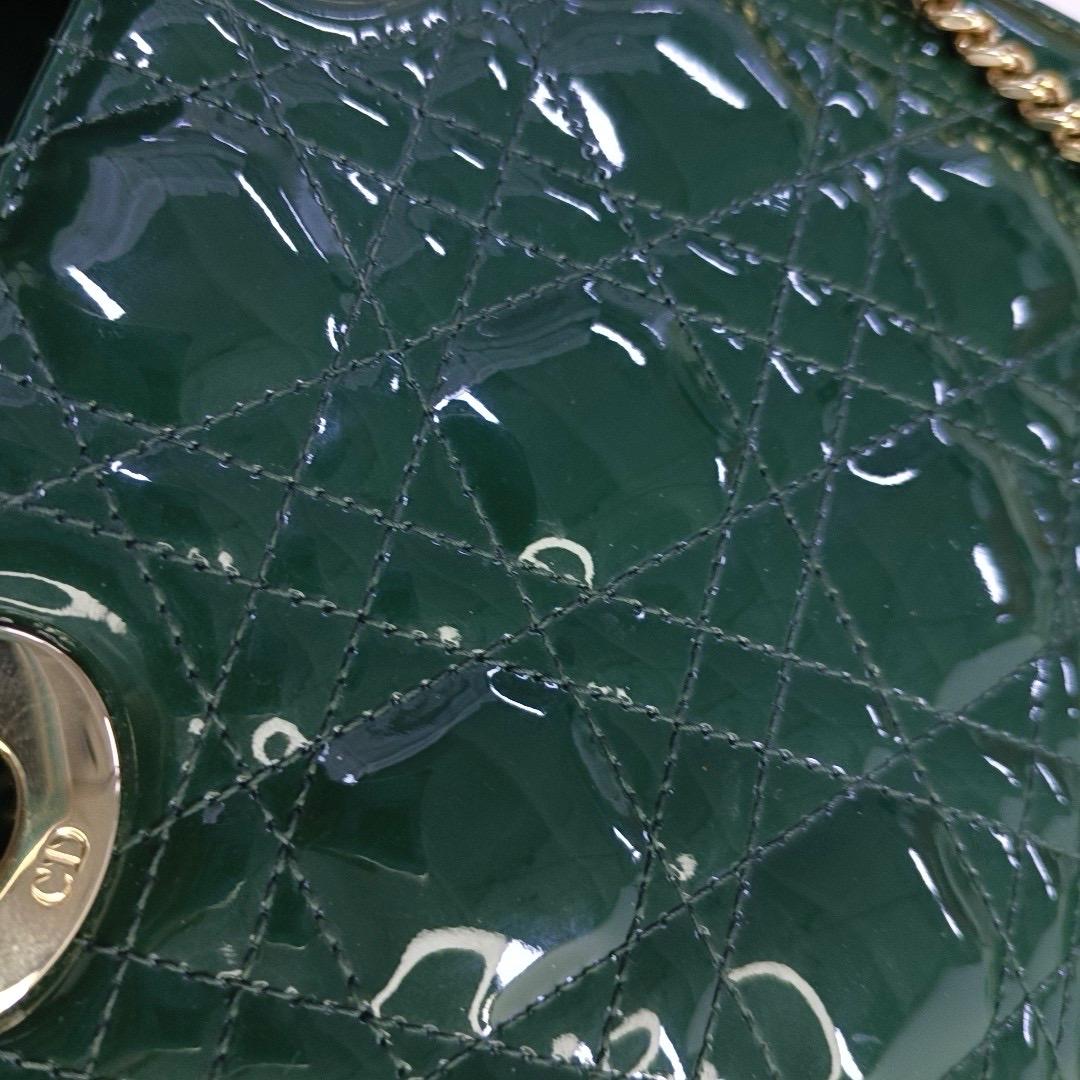 Lady Dior Mini Dark Green Patent Leather Bag with gold hardware Chain Strap For Sale 5