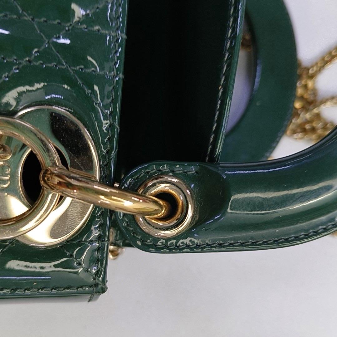 Lady Dior Mini Dark Green Patent Leather Bag with gold hardware Chain Strap For Sale 7