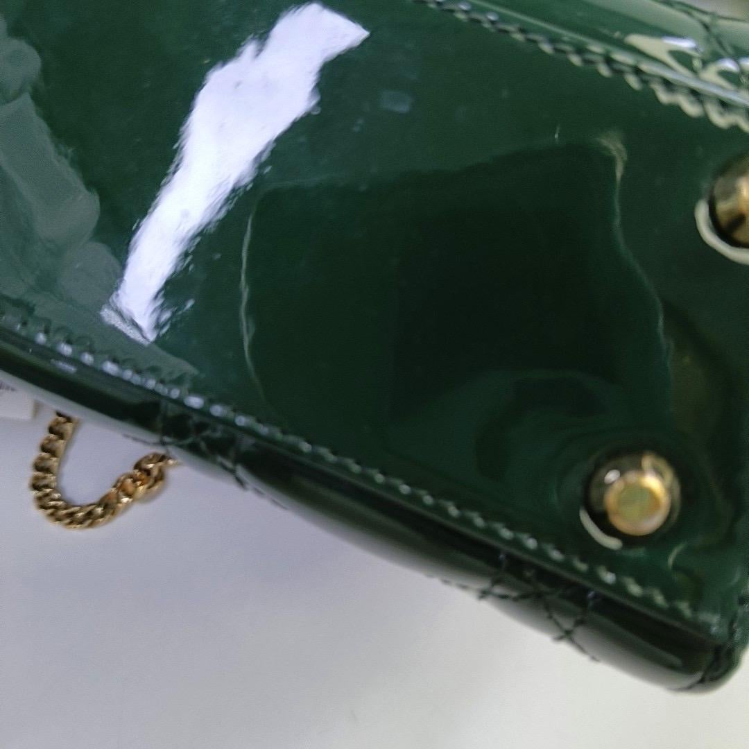 Lady Dior Mini Dark Green Patent Leather Bag with gold hardware Chain Strap For Sale 8