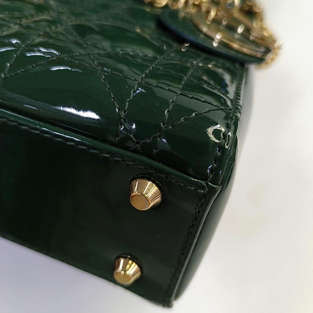 Lady Dior Mini Dark Green Patent Leather Bag with gold hardware Chain Strap For Sale 11