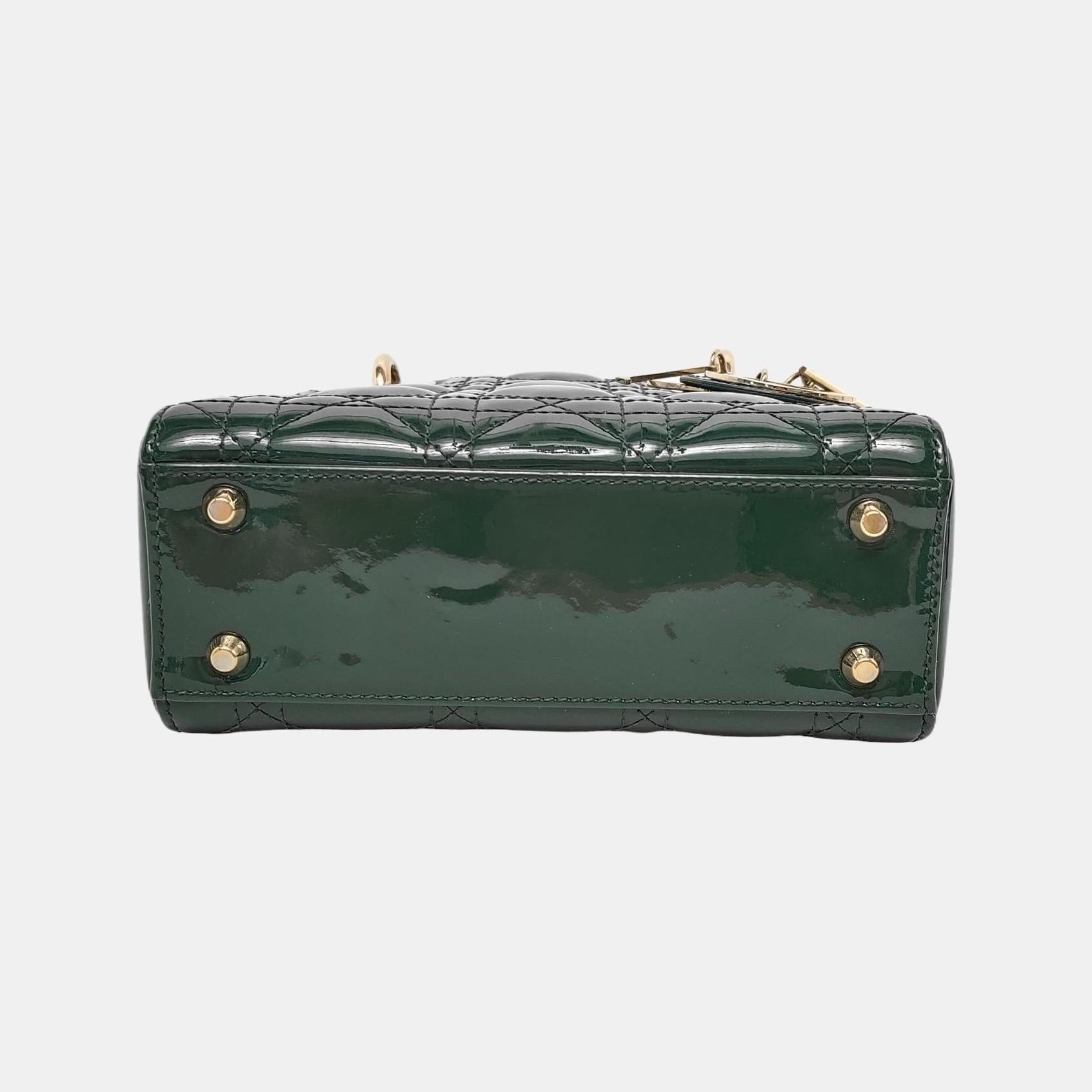 Black Lady Dior Mini Dark Green Patent Leather Bag with gold hardware Chain Strap For Sale