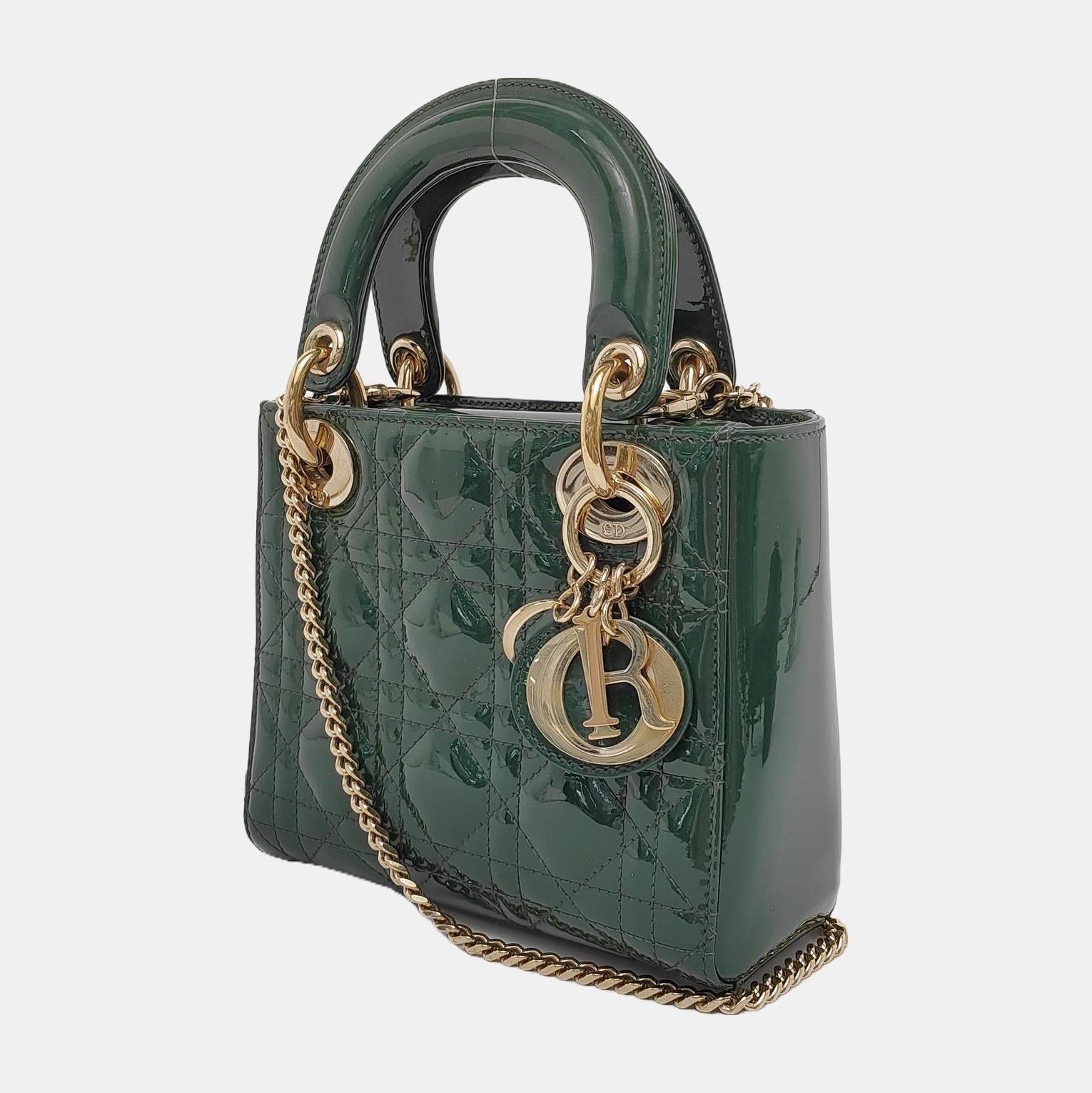 Women's Lady Dior Mini Dark Green Patent Leather Bag with gold hardware Chain Strap For Sale