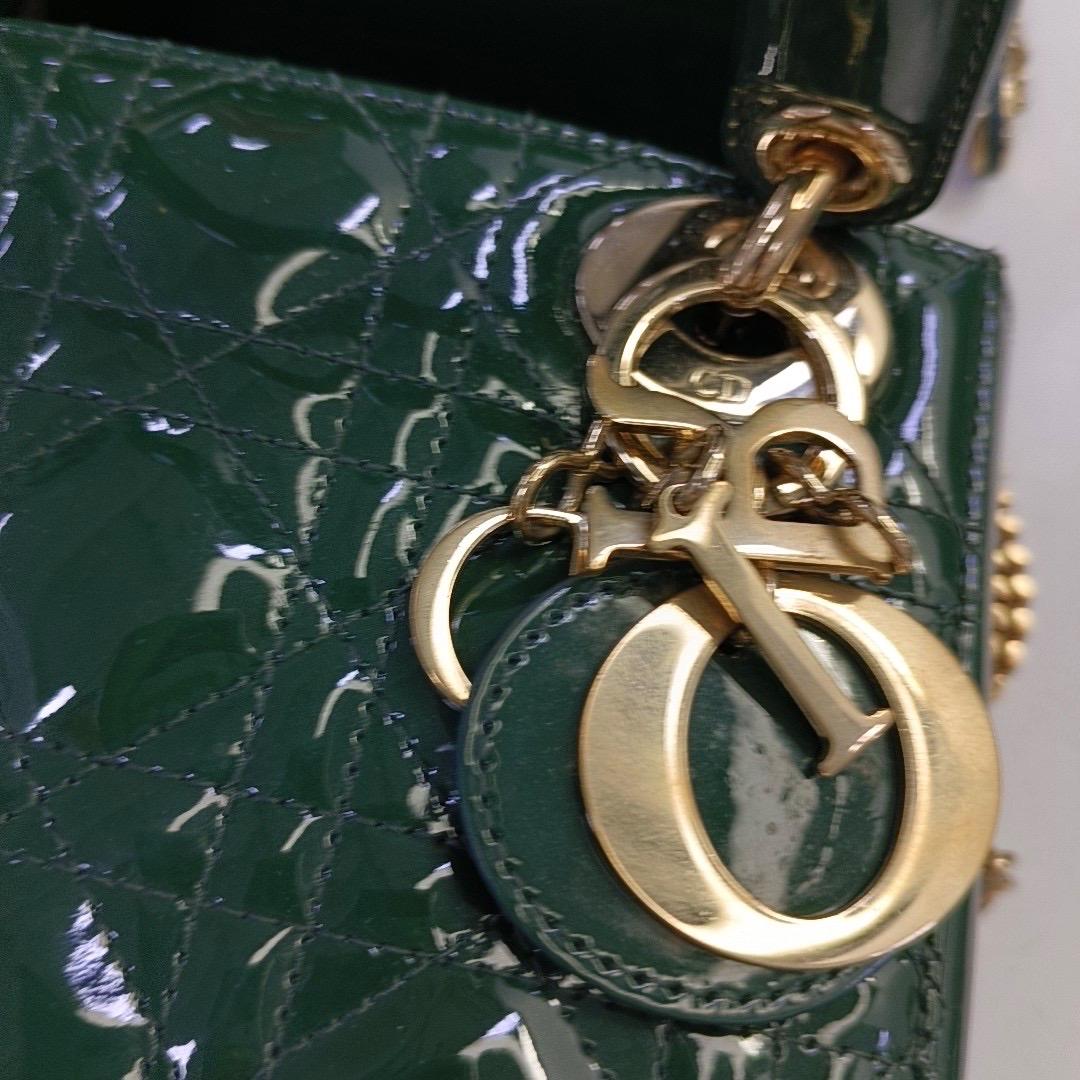 Lady Dior Mini Dark Green Patent Leather Bag with gold hardware Chain Strap For Sale 1