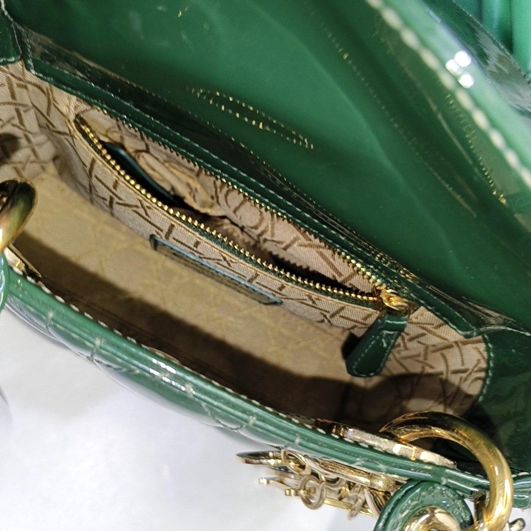 Lady Dior Mini Dark Green Patent Leather Bag with gold hardware Chain Strap For Sale 3