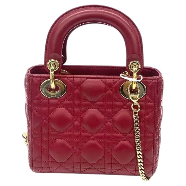 Lady Dior Mini Dark Red Lambskin Leather Gold Chain Strap 2017 For Sale