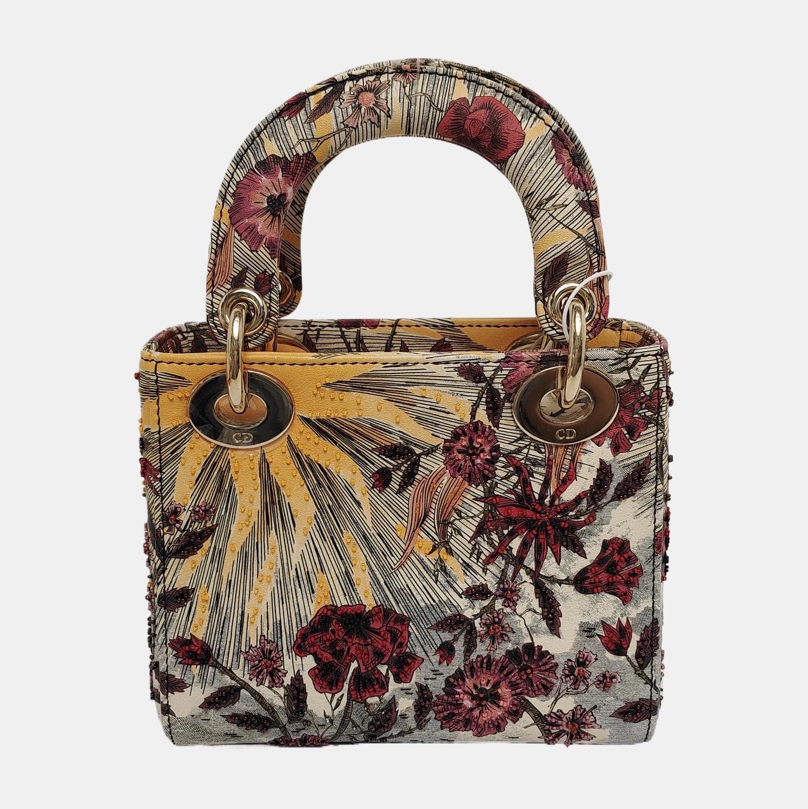 Brown Lady Dior Mini Embroidered Phoenix Cloth Multicolor Handbag For Sale