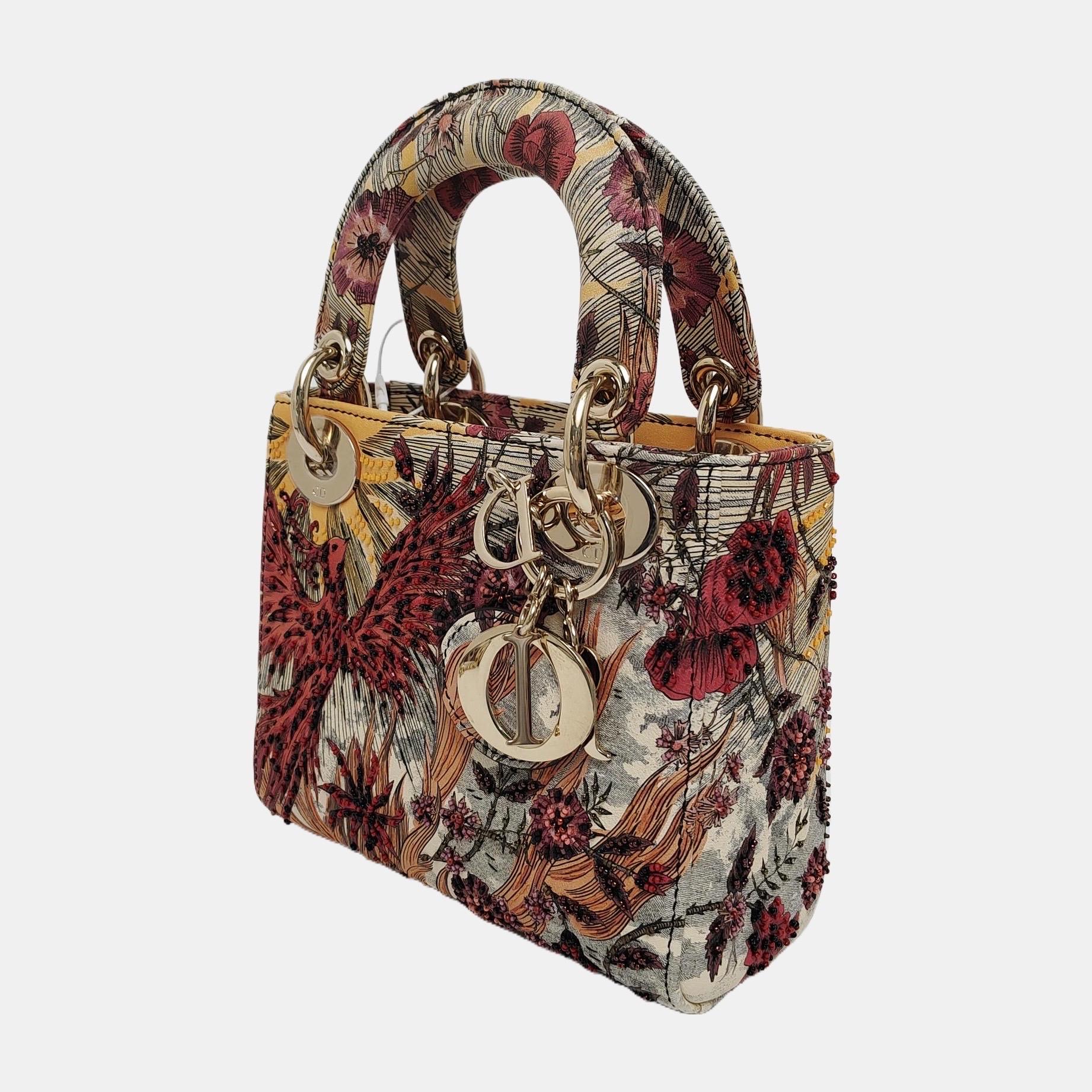 Lady Dior Mini Embroidered Phoenix Cloth Multicolor Handbag In New Condition For Sale In AUBERVILLIERS, FR