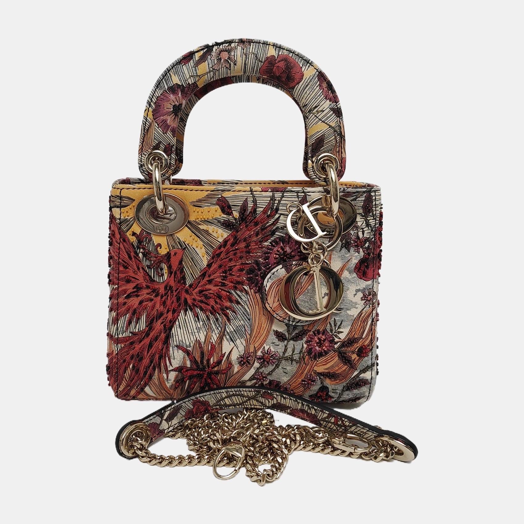 Lady Dior Mini Embroidered Phoenix Cloth Multicolor Handbag For Sale 4