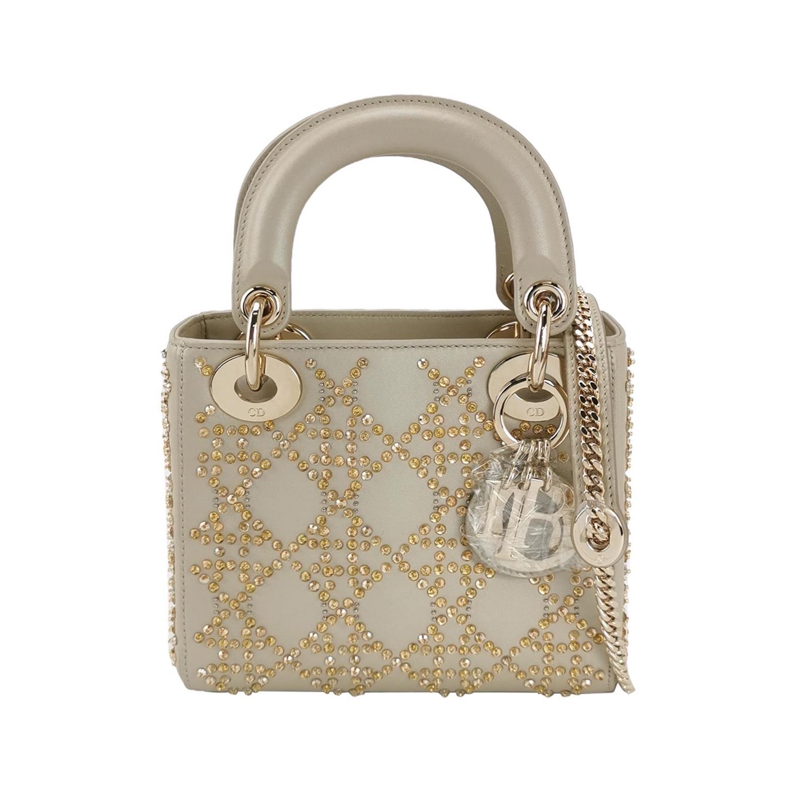 Lady Dior Mini Gold Kalbsleder mit Kristallen Gold Hardware 2020 (Braun) im Angebot