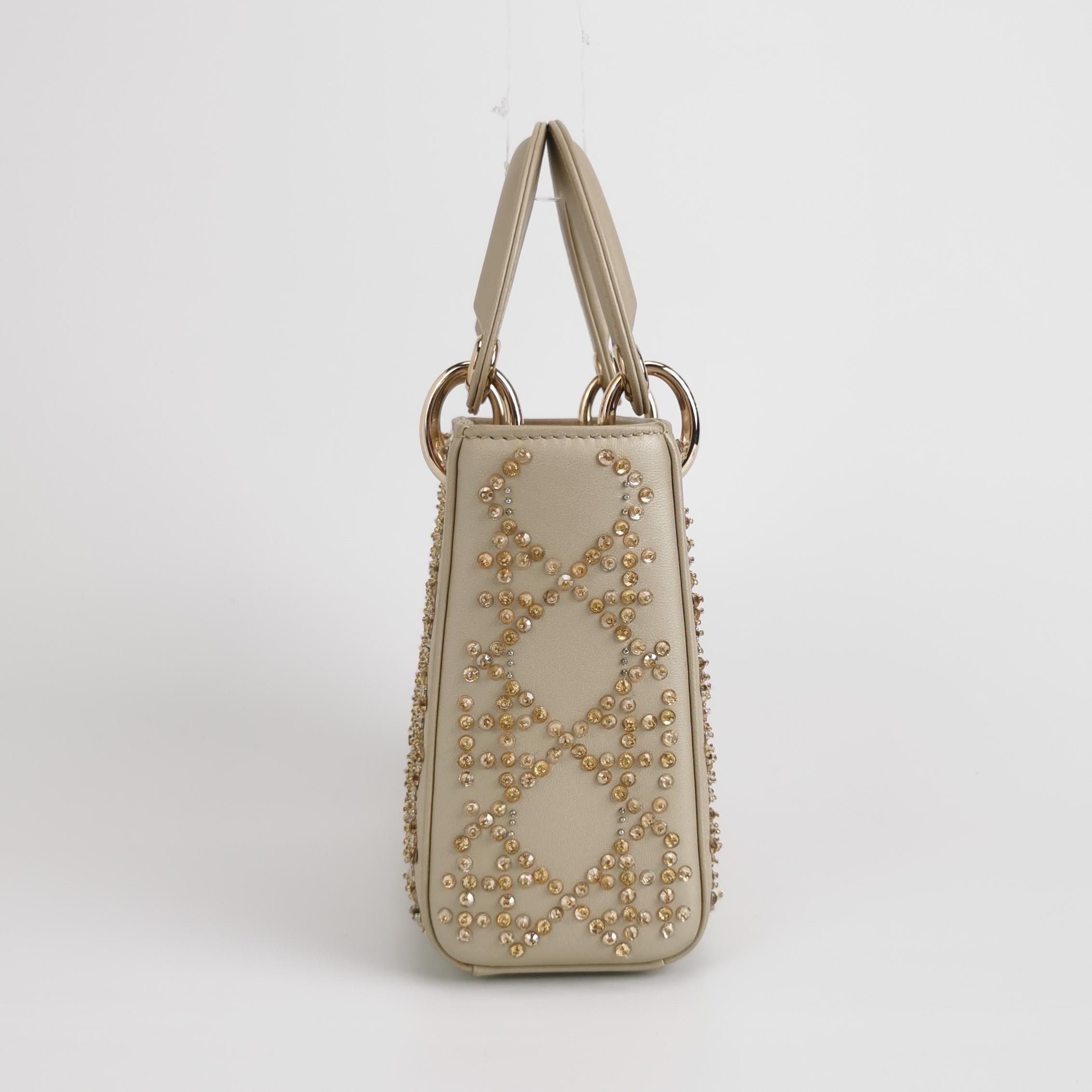 Brown Lady Dior Mini Gold Leather with Crystals Gold Hardware 2020 For Sale