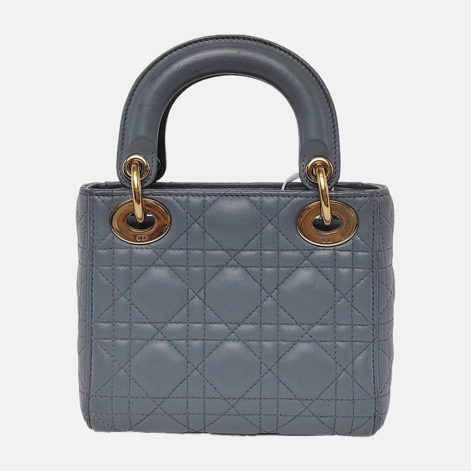 Lady Dior Mini Grey Blue Cannage Lambskin Gold Hardware Chain Strap In Good Condition In AUBERVILLIERS, FR