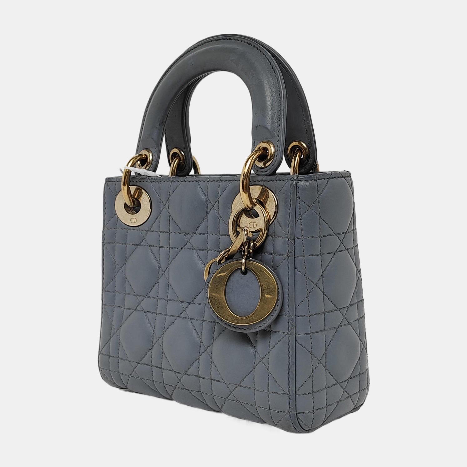 Women's Lady Dior Mini Grey Blue Cannage Lambskin Gold Hardware Chain Strap