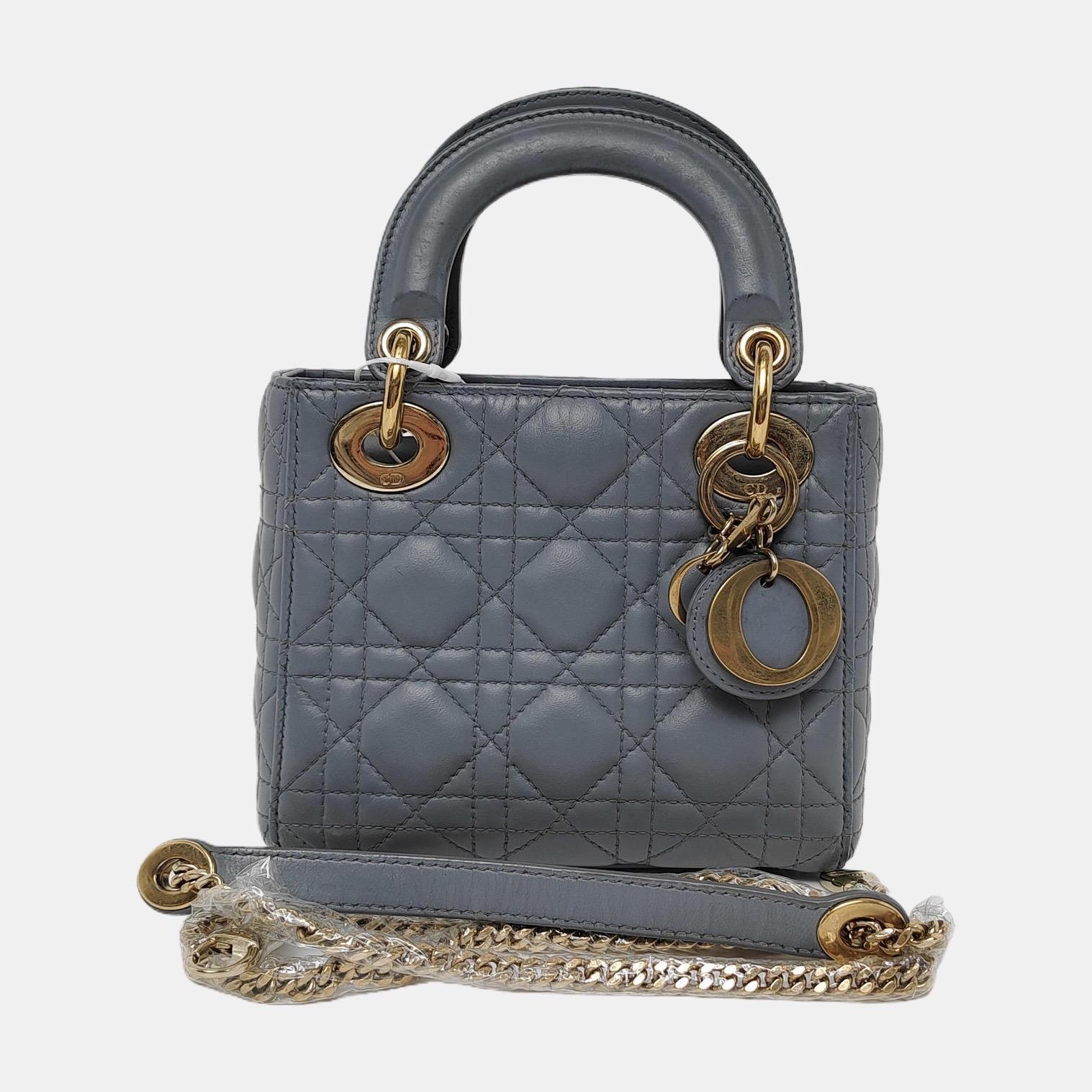 Lady Dior Mini Grey Blue Cannage Lambskin Gold Hardware Chain Strap 3