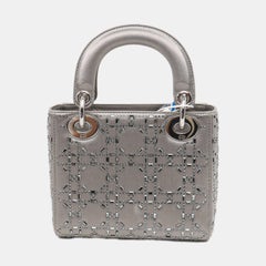 Lady Dior Mini Grau Seide mit Kristallen Silberne Hardware