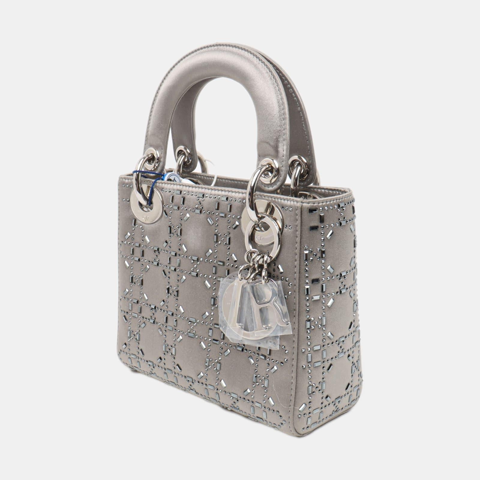 Lady Dior Mini Grey Silk with Crystals Silver Hardware In Good Condition For Sale In AUBERVILLIERS, FR