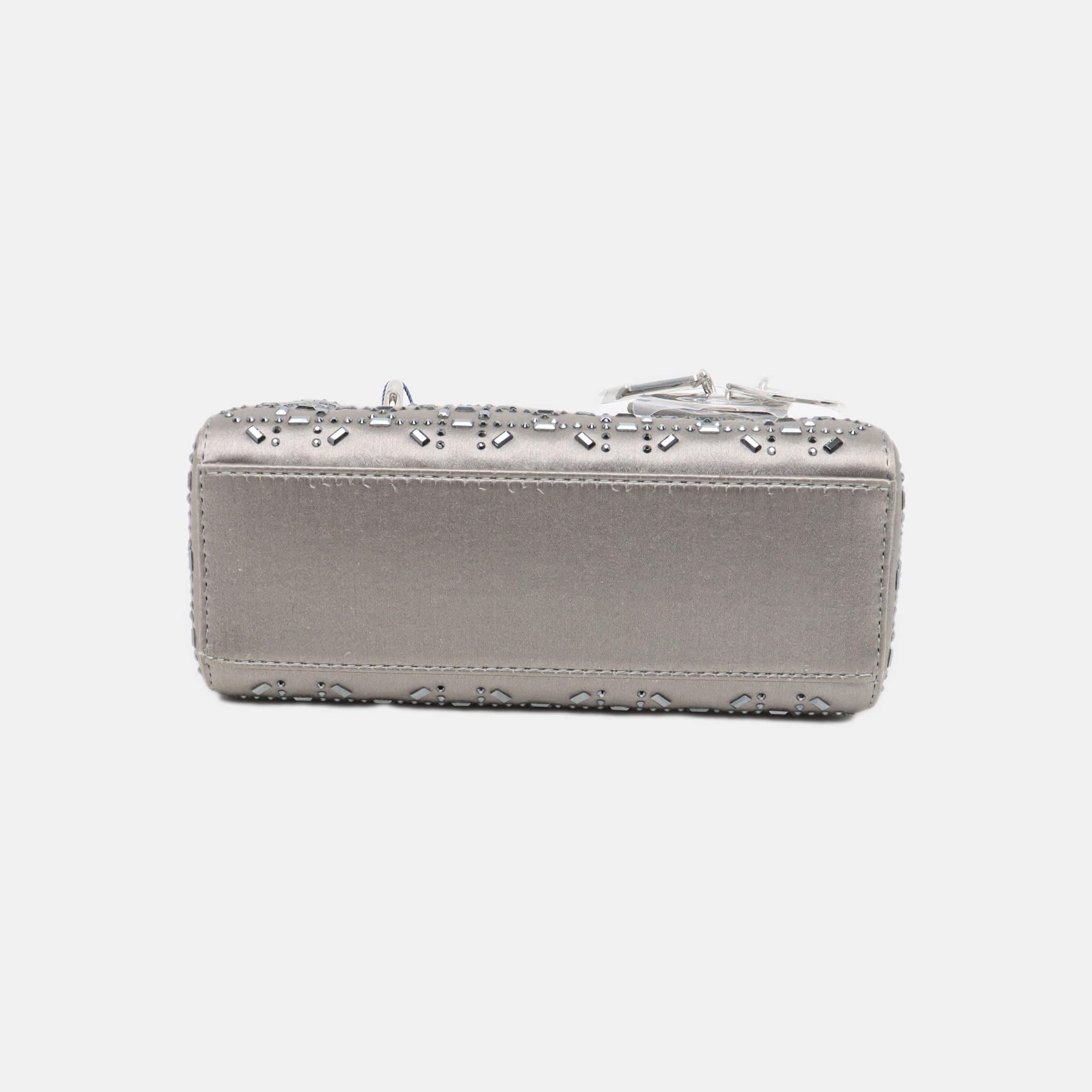Lady Dior Mini Grey Silk with Crystals Silver Hardware For Sale 1