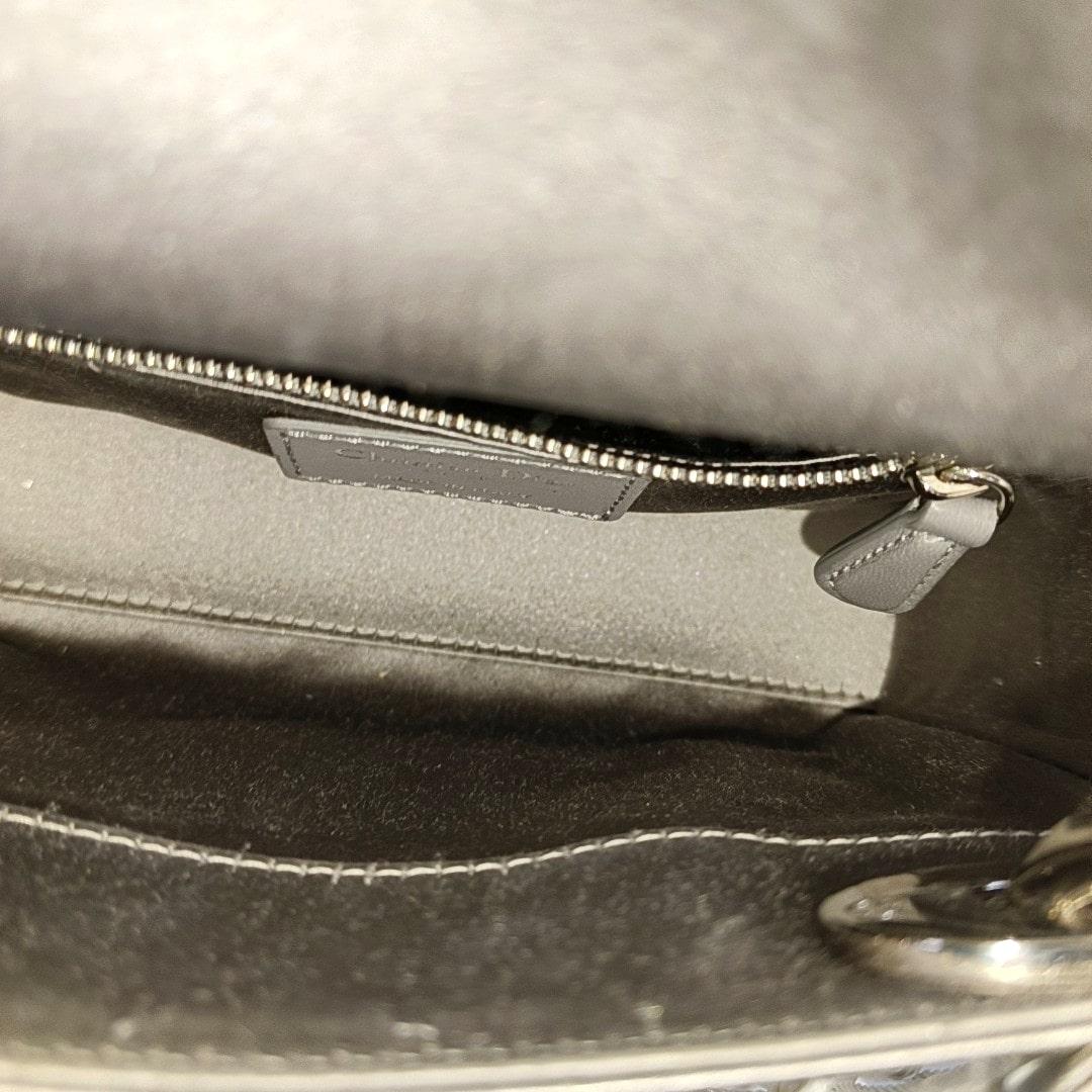 Lady Dior Mini Grey Silk with Crystals Silver Hardware For Sale 3